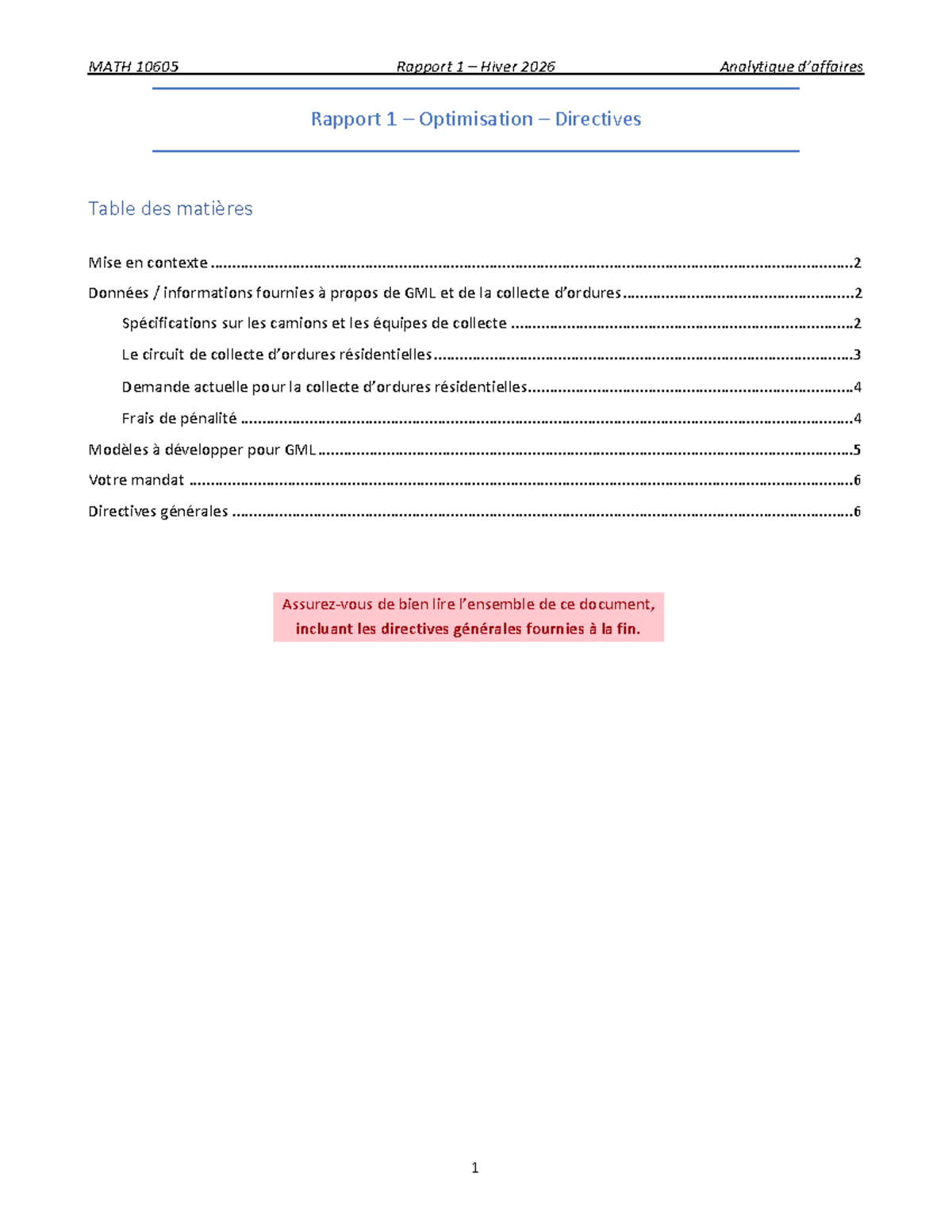 MATH 10605 Rapport 1 Hiver 2026 : Optimisation de la Collecte ...