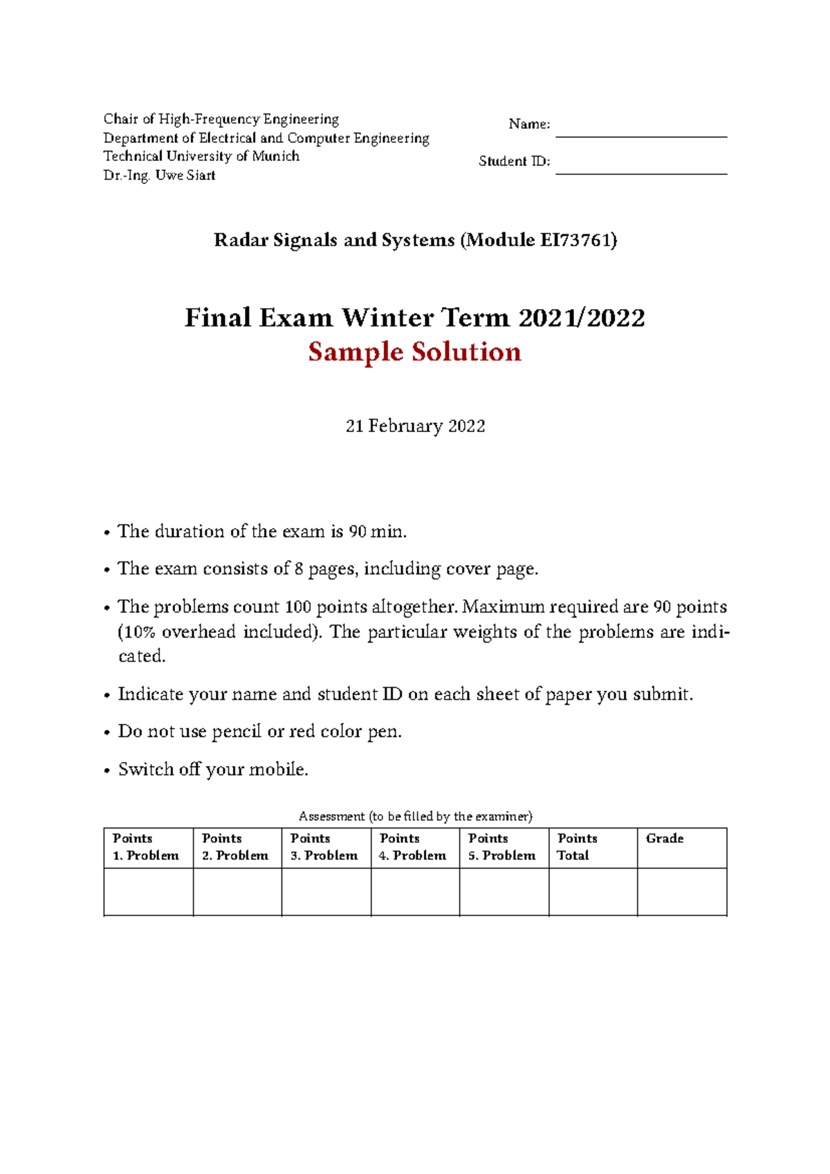 Radar Signals and Systems (EI73761) Final Exam Sample Solutions - Studocu