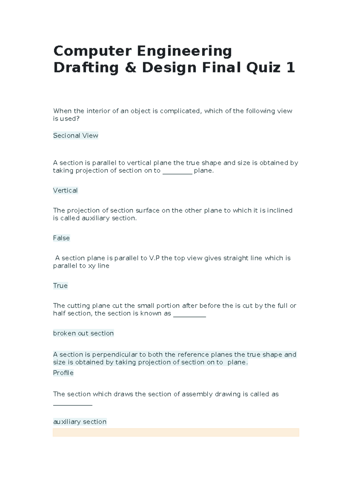 Computer Eng. Drafting & Design Final Quiz 1 - Key Concepts & Questions ...
