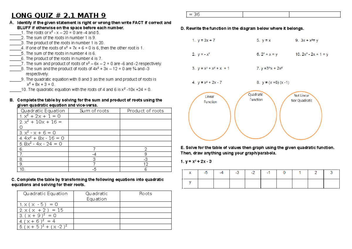 LONG QUIZ # 2 - math - LONG QUIZ # 2 MATH 9 A. Identify if the given ...