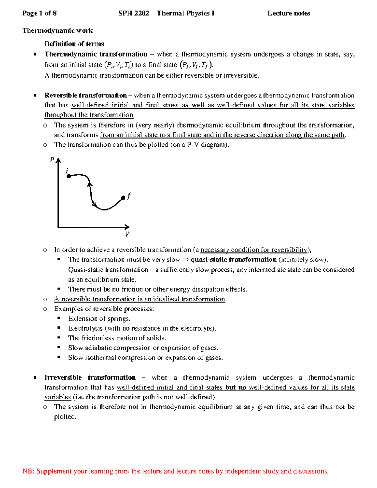 SPH 2202 Thermal Physics I Lecture Notes on Thermodynamic Work and Heat ...