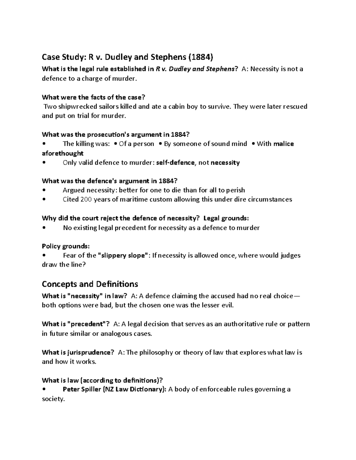Laws 101: Case Study & Key Concepts from R v. Dudley and Stephens - Studocu