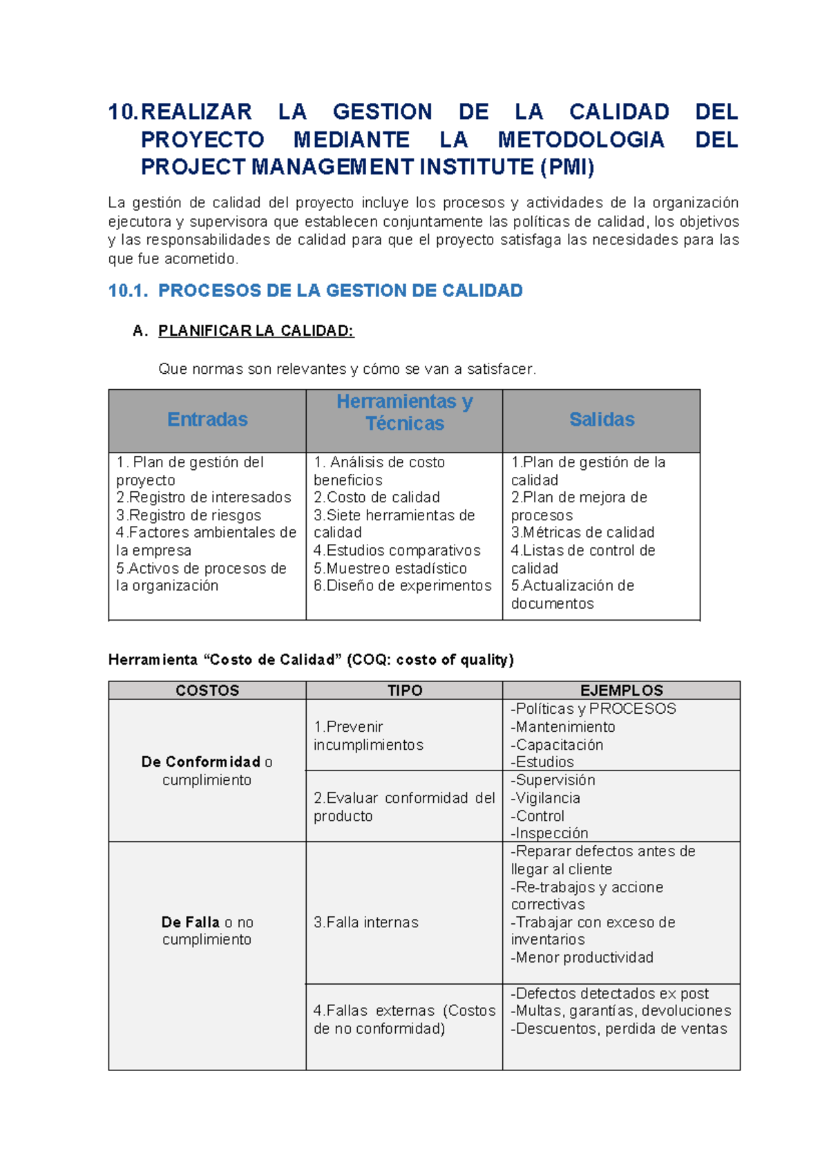 10. Gestión de la Calidad del Proyecto según PMI - Studocu