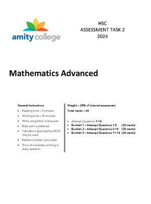 2021 HSC Mathematics Advanced Assessment Task 1 Overview - Studocu
