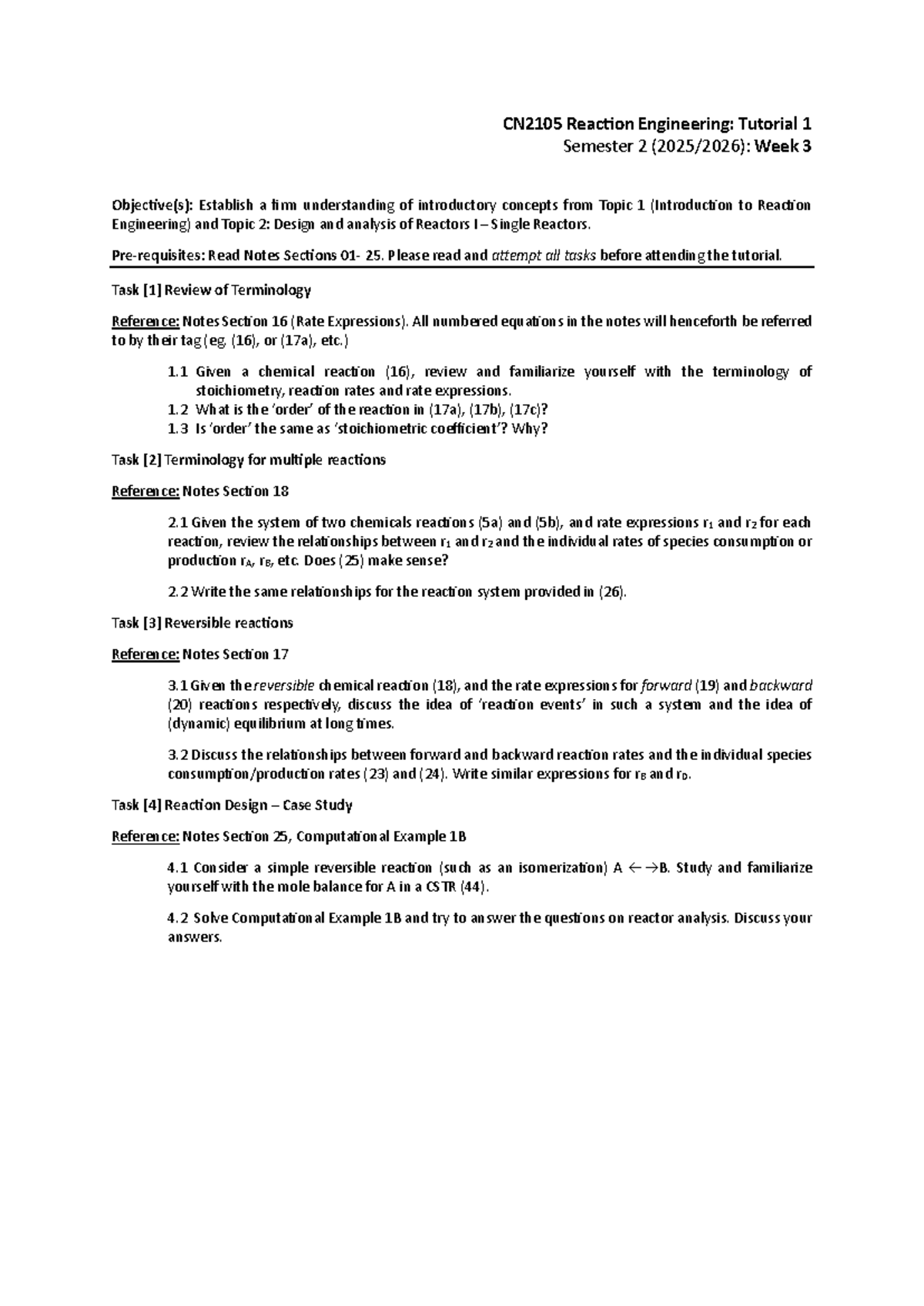 CN2105 Reaction Engineering: Tutorial 1 - Week 3 Concepts Review - Studocu