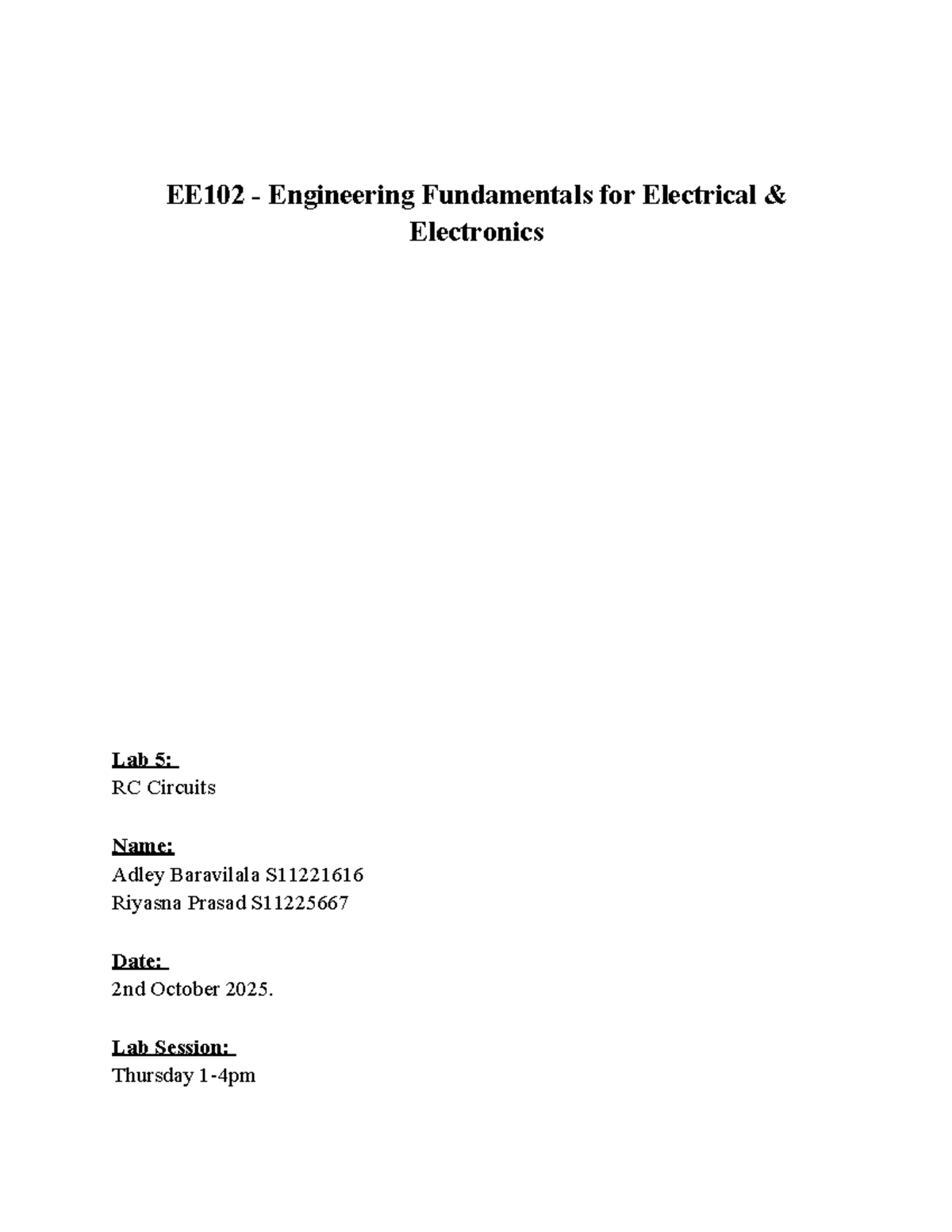 EE102 Lab 5 Report: Analysis of RC Circuits and Time Constants - Studocu