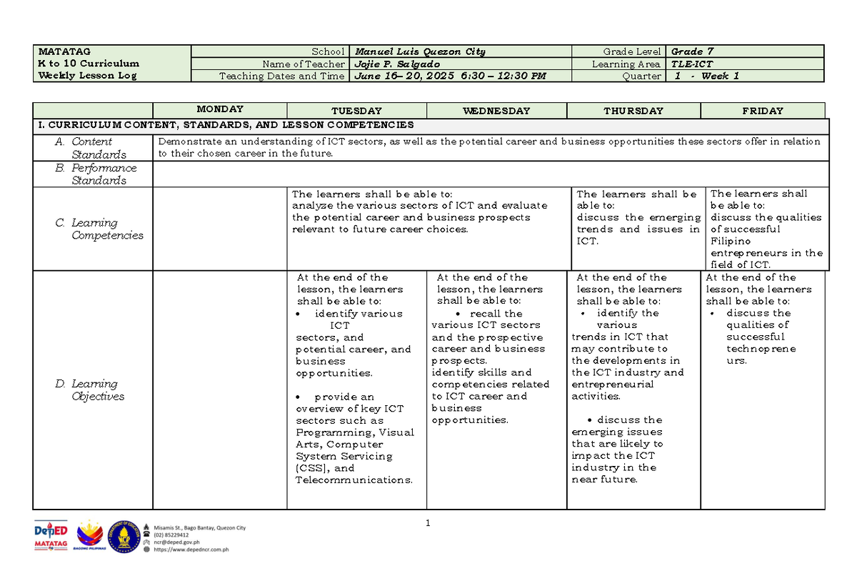 MATATAG K to 10 Curriculum: Grade 7 ICT Sectors & Career Opportunities ...