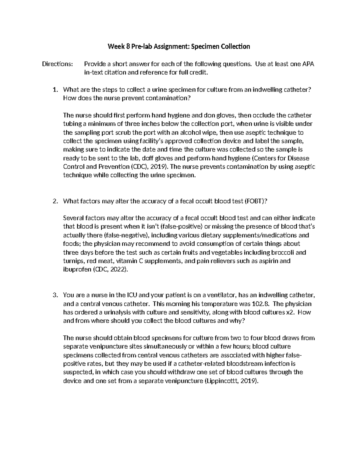 Week 8 Pre-lab Assignment: Specimen Collection Procedures and Best ...