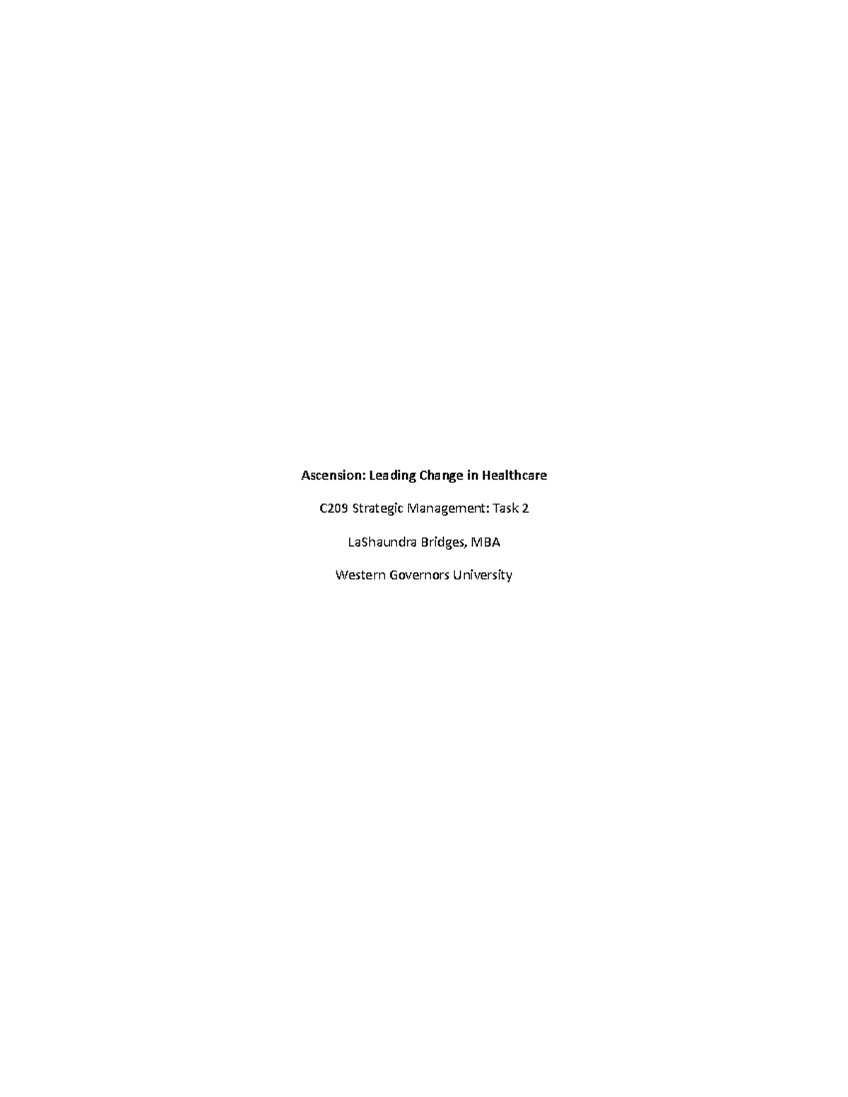 C209 Task 2 Strategic Management: Ascension Business Analysis Report ...
