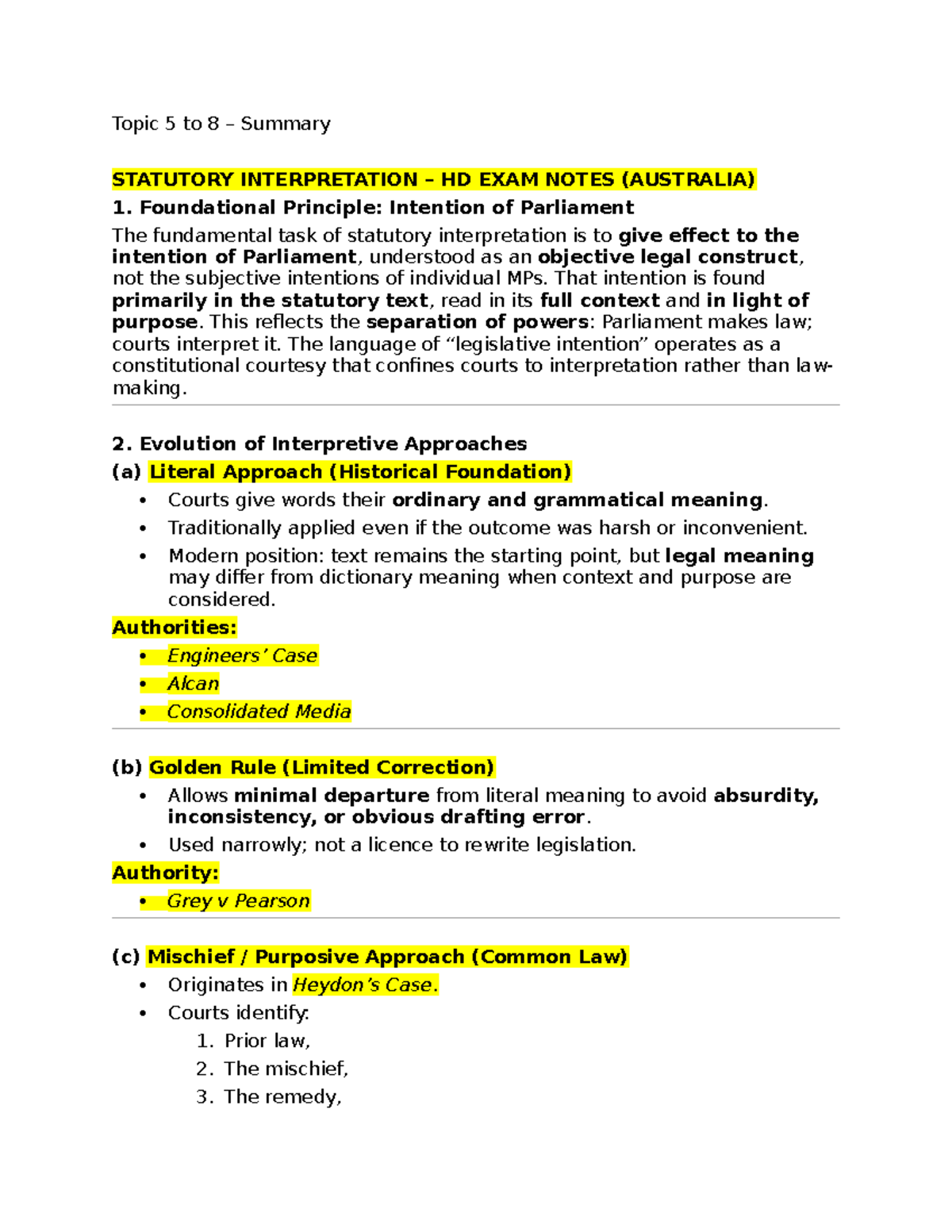 Topic 5-8 Summary: HD Exam Notes on Statutory Interpretation (Australia ...