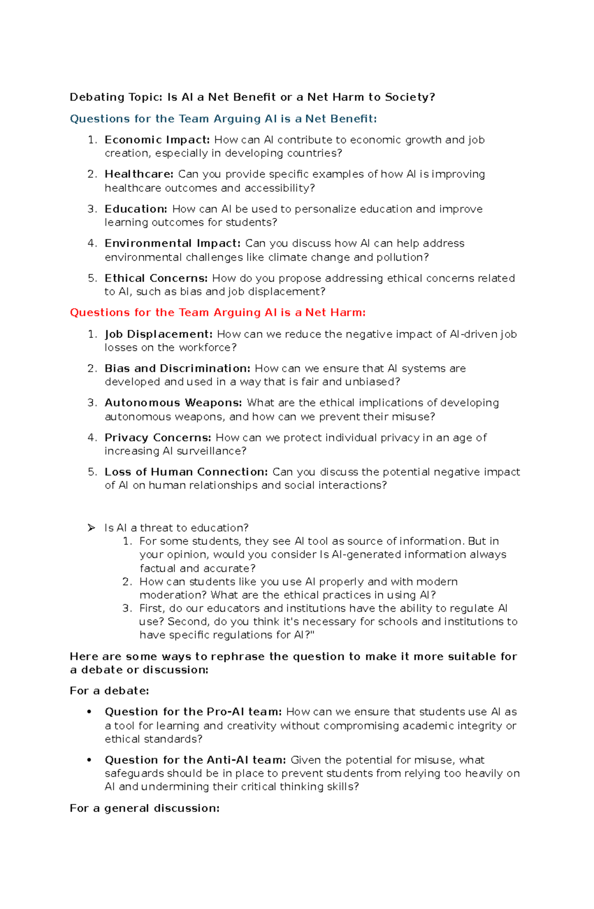 Debating Topic - aaaa - Debating Topic: Is AI a Net Benefit or a Net ...