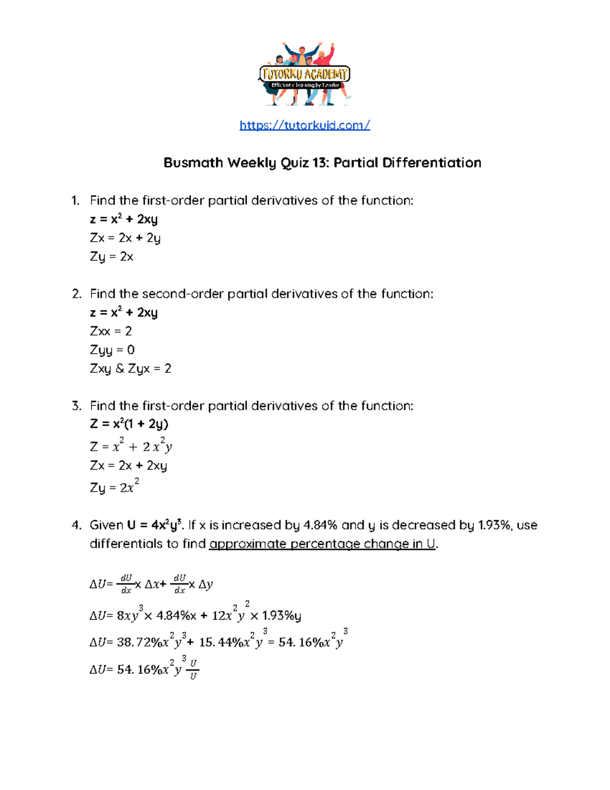 Busmath Quiz Wk 13: Understanding Partial Differentiation Concepts ...