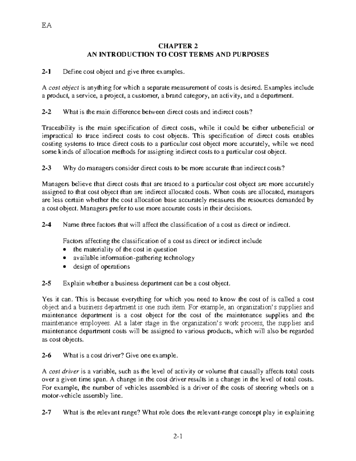 Chapter 2: Introduction to Cost Terms and Their Purposes in Accounting ...