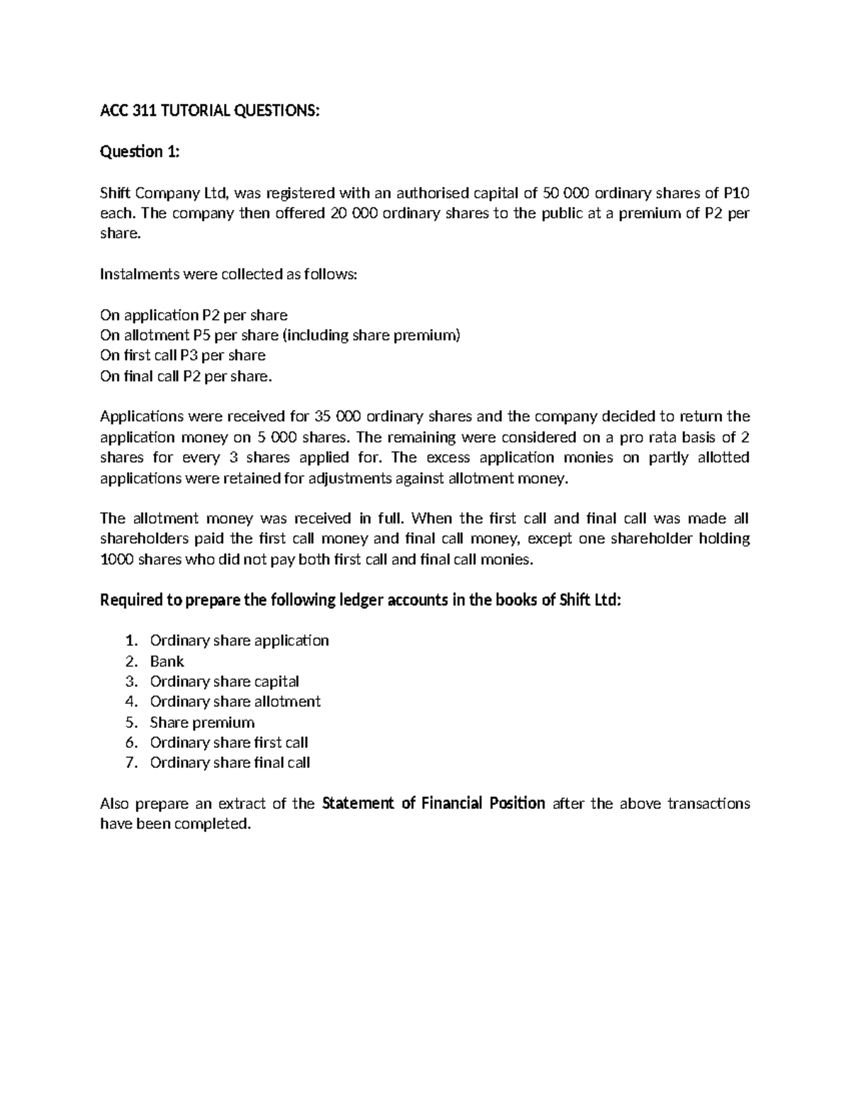 ACC 311 TUTORIAL: Share Capital Transactions Questions - Studocu