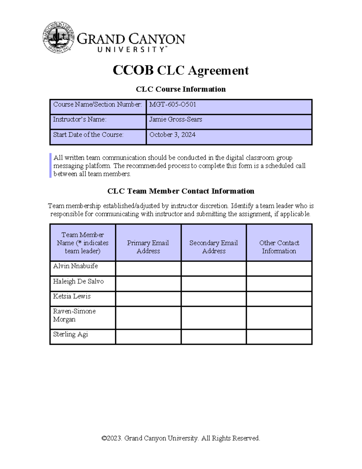 CCOB MGT-605-O CLC Agreement Form & Team Procedures Guide - Studocu