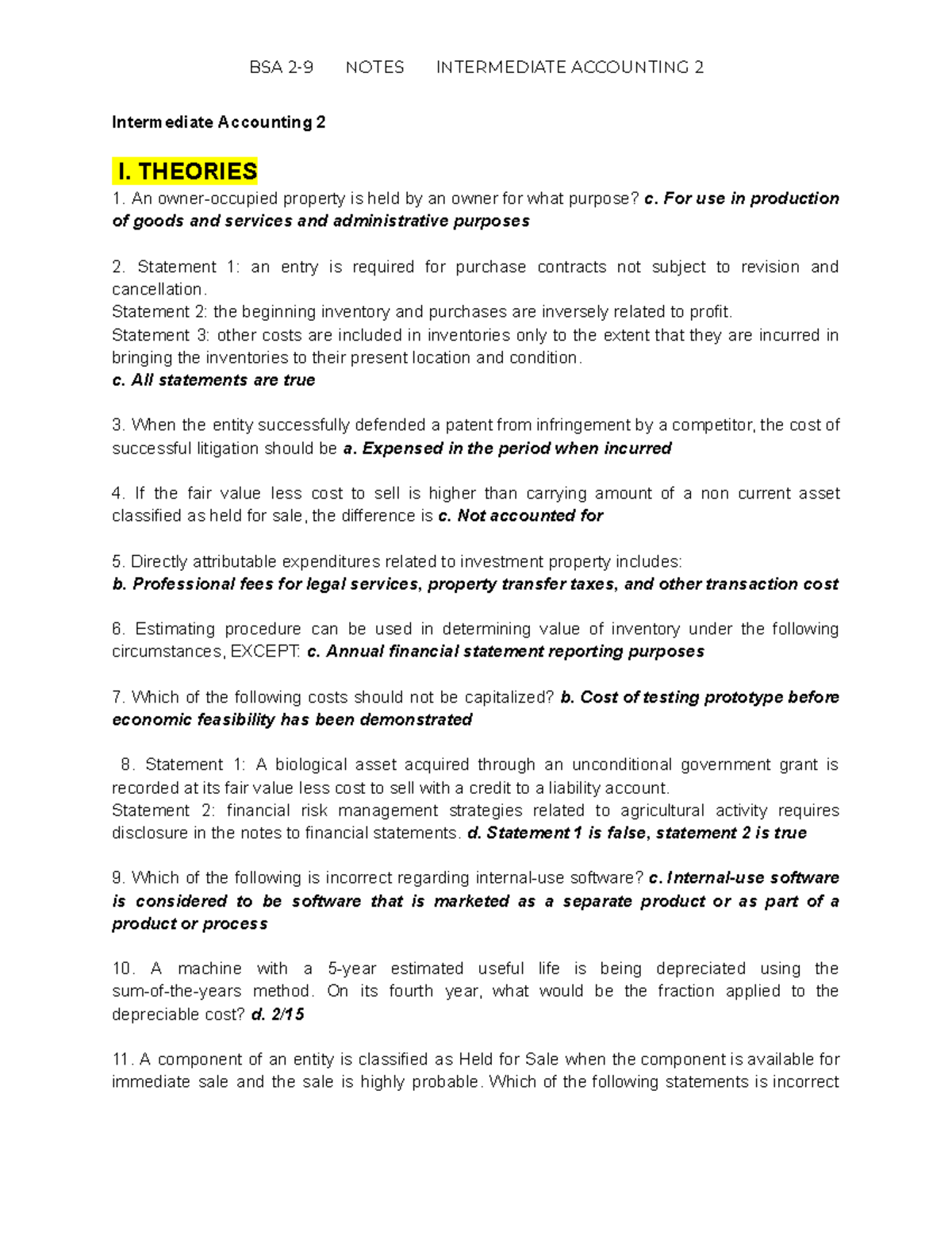 Intacc 2 - Intermediate Accounting 2 I. THEORIES An owner-occupied ...