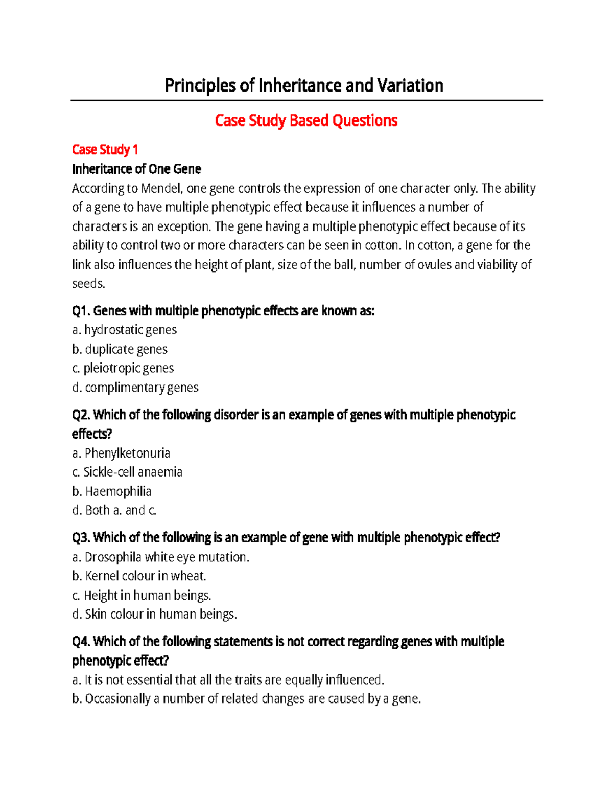 Principles of Inheritance and Variation: Case Study Questions (CBSE ...
