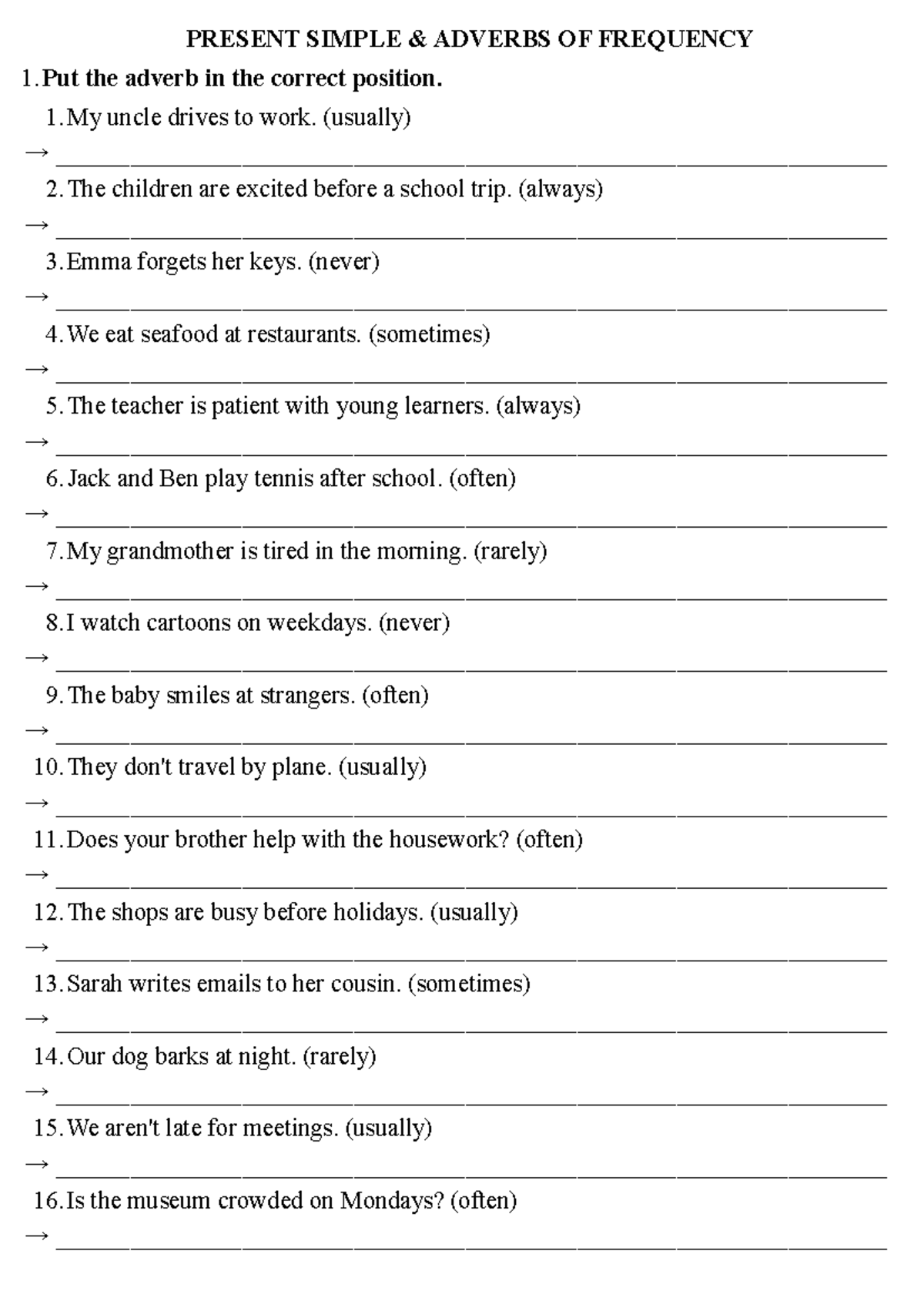PRESENT SIMPLE: ADVERBS OF FREQUENCY EXERCISES - Studocu