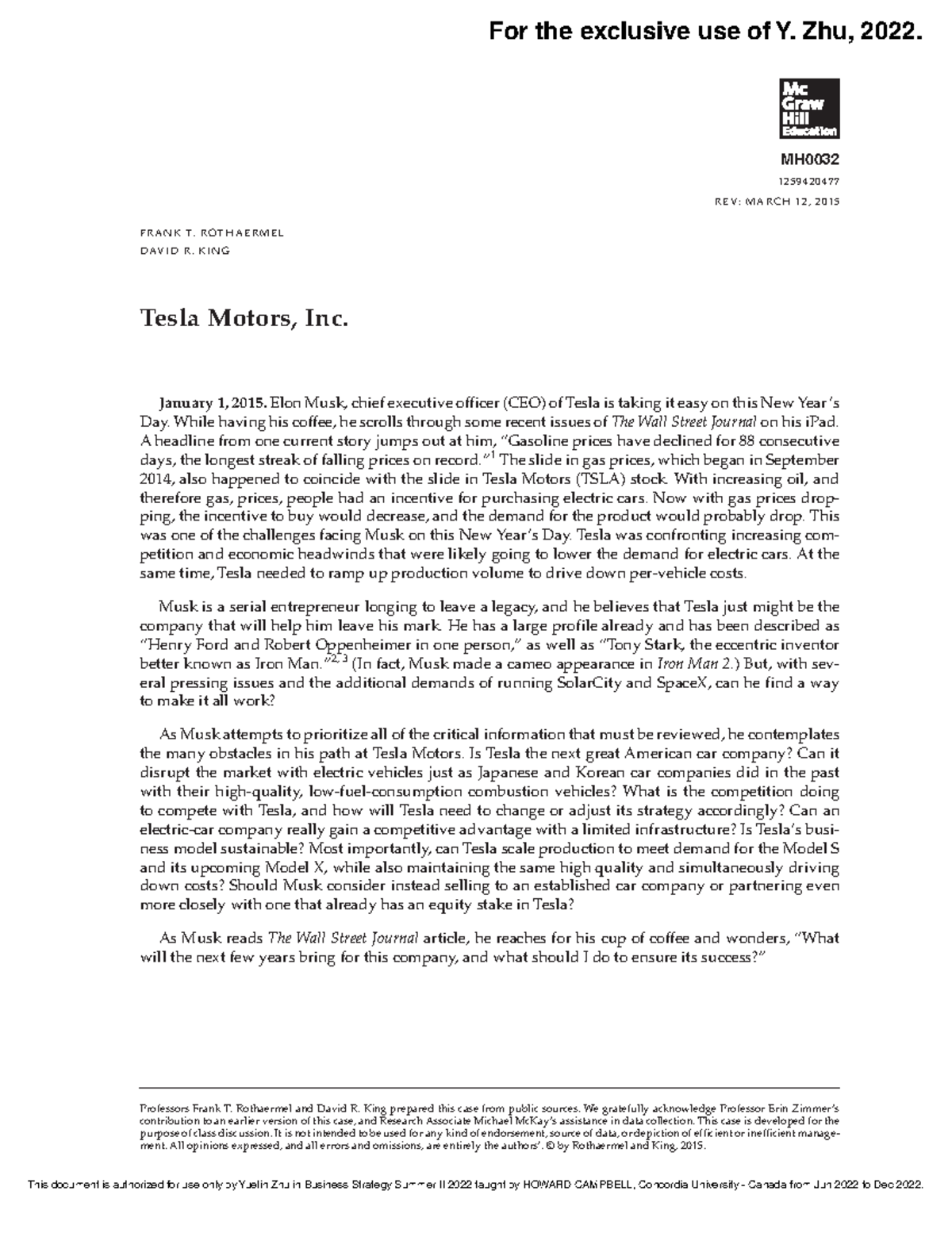 Tesla Motors Case Study - COMM401: Challenges and Strategies of TSLA ...
