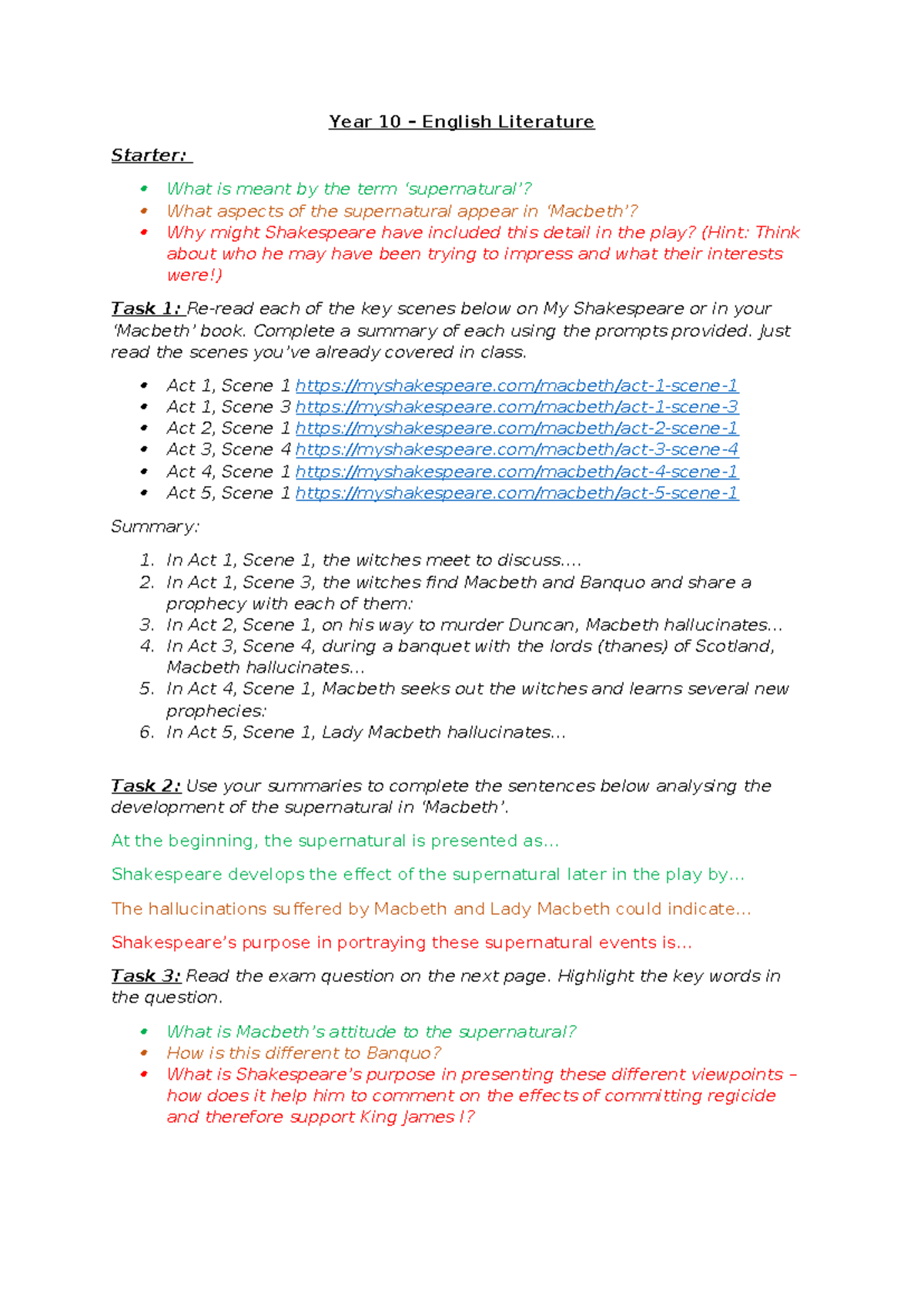 Year 10 English Lit: Supernatural Analysis in Shakespeare's Play - Studocu