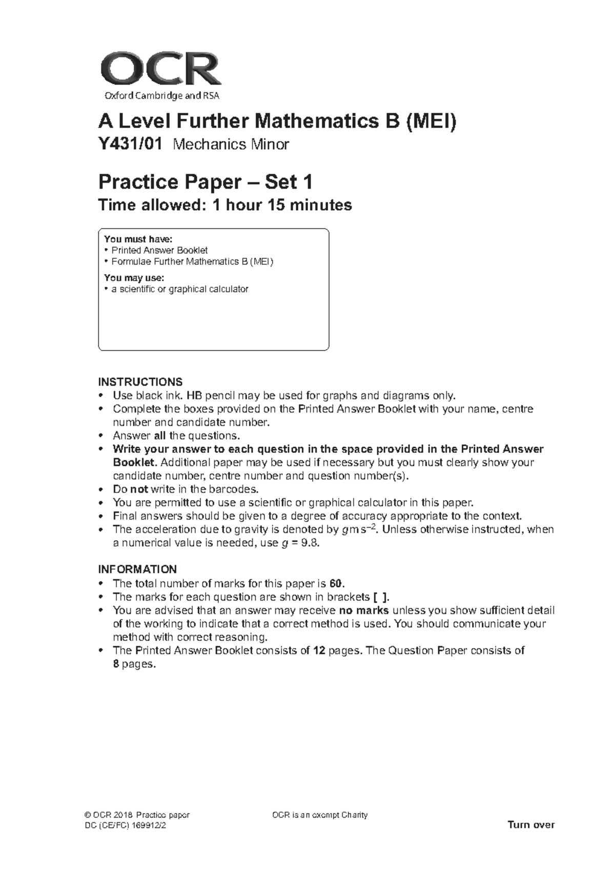 Y431 01 A Level Further Mathematics B (MEI) Mechanics Practice Paper 1 ...