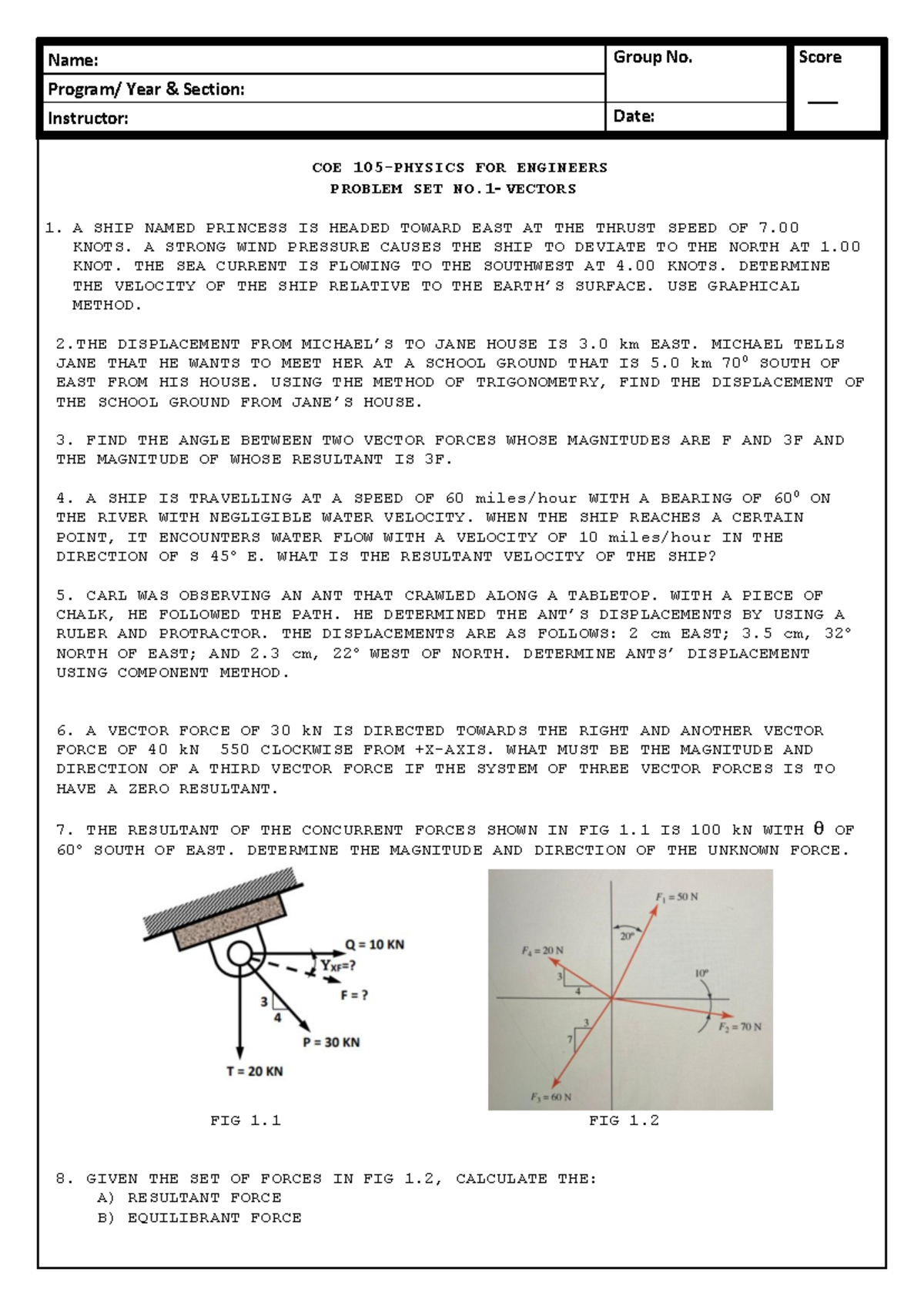 COE FOR ENGINEERS: Problem Set on Vectors and Forces - Studocu
