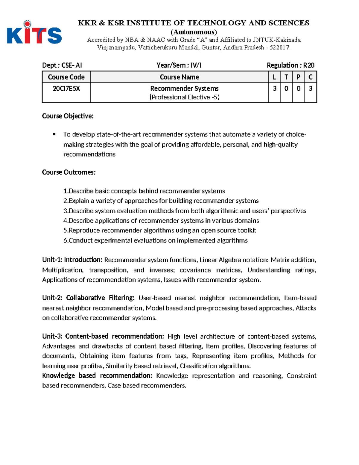Syllabus for 20CI7E5X: Recommender Systems - CSE AI IV/I - Studocu