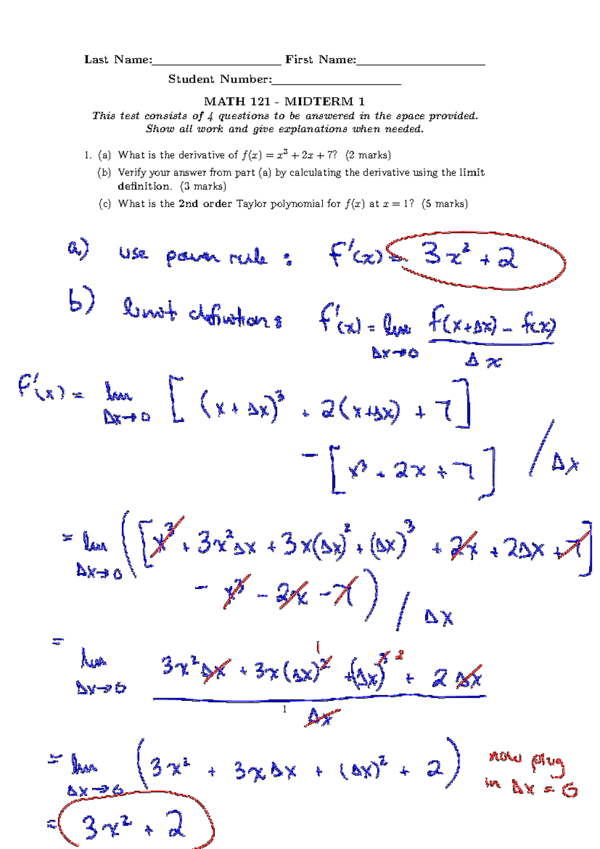 Midterm solution - Last Name: First Name: Student Number: MATH 121 ...