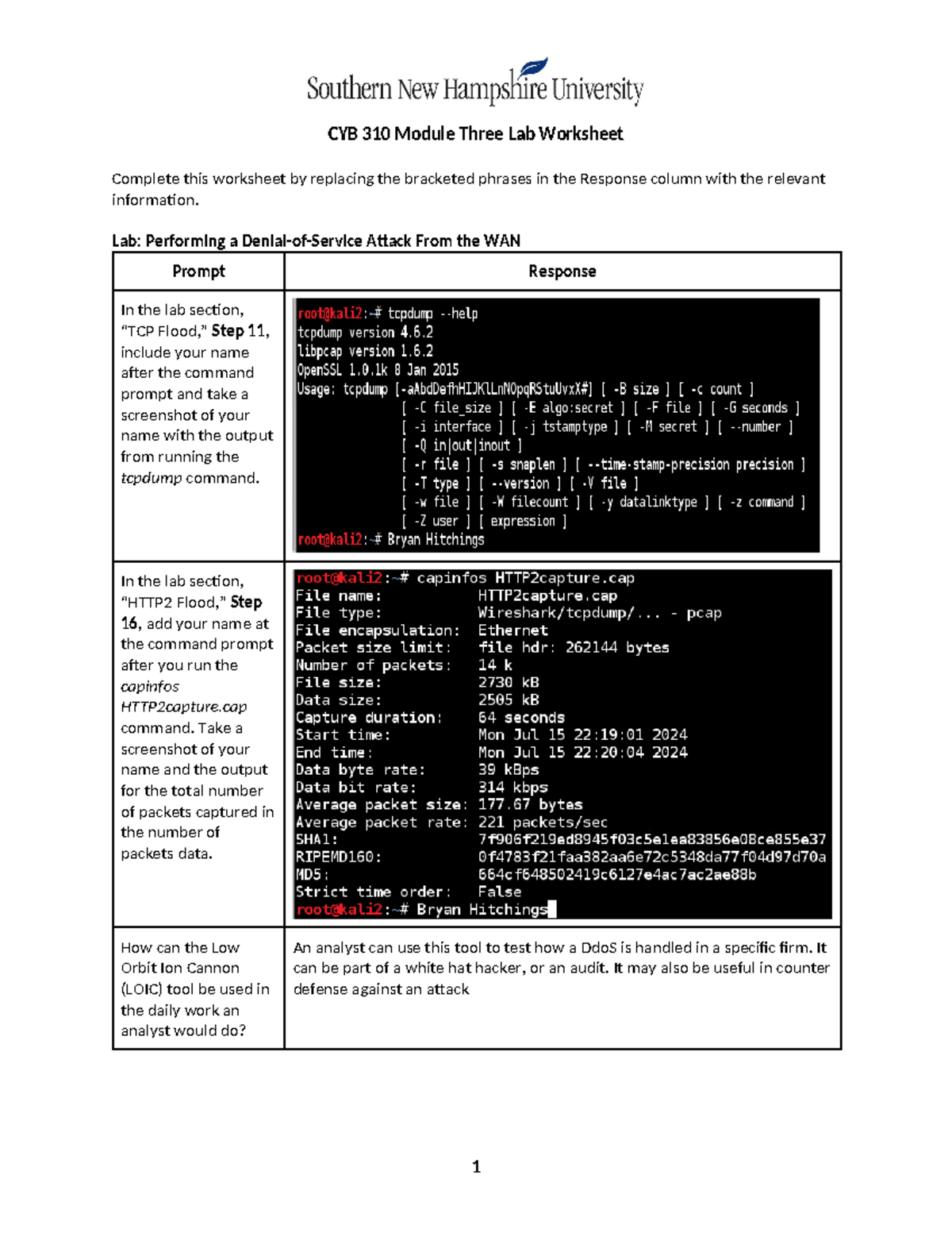 CYB 310 Module 3 Lab Worksheet: Denial-of-Service & Tool Use Analysis ...