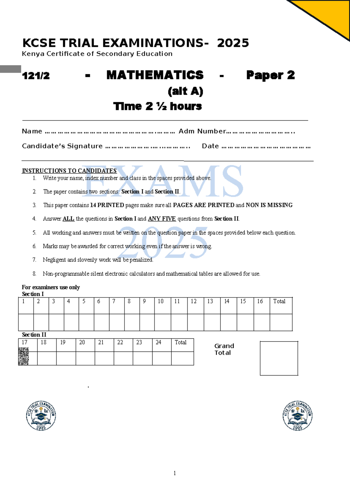 KCSE TRIAL 2025 Mathematics Paper 2 Study Guide - Studocu