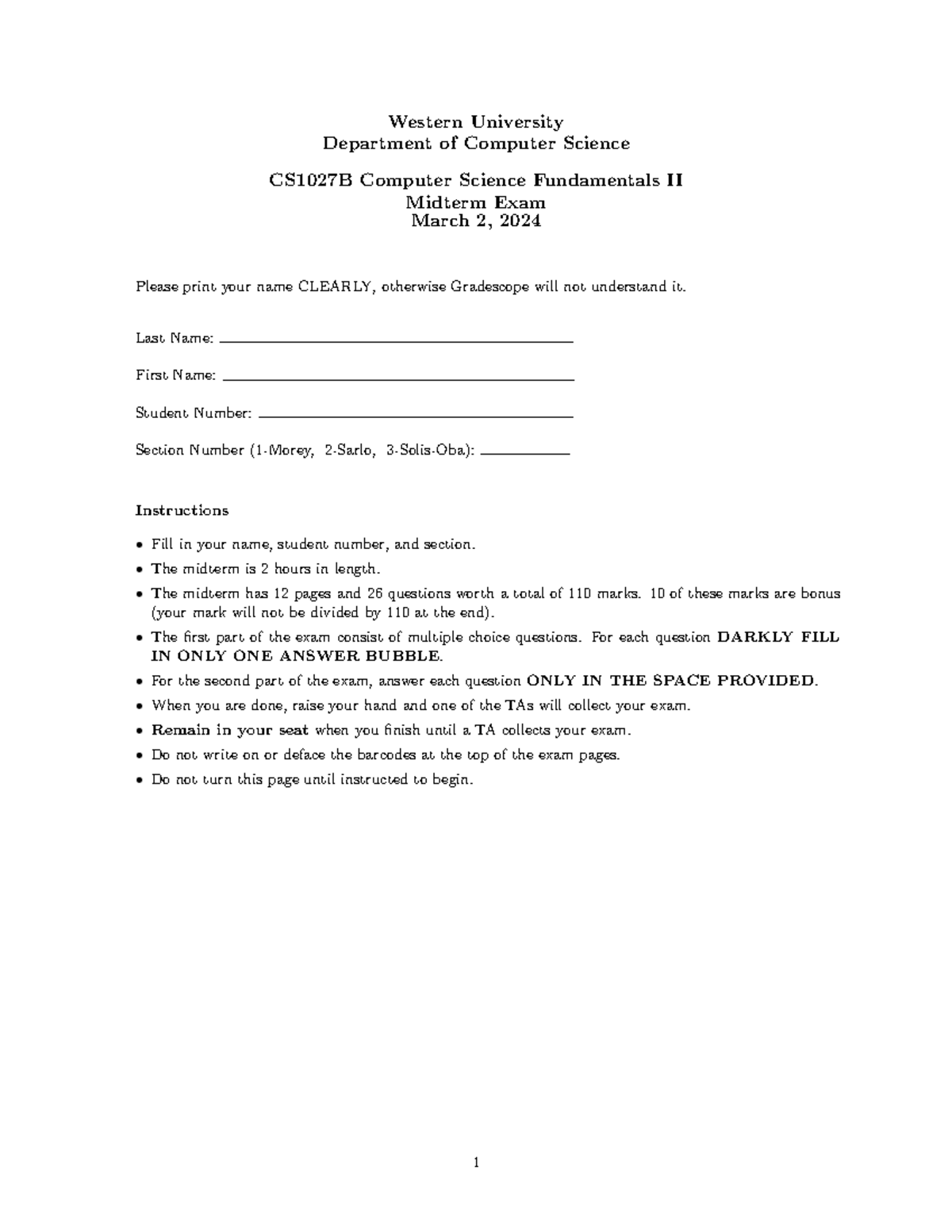 CS1027B Computer Science Fundamentals II Midterm Exam Guidelines - Studocu
