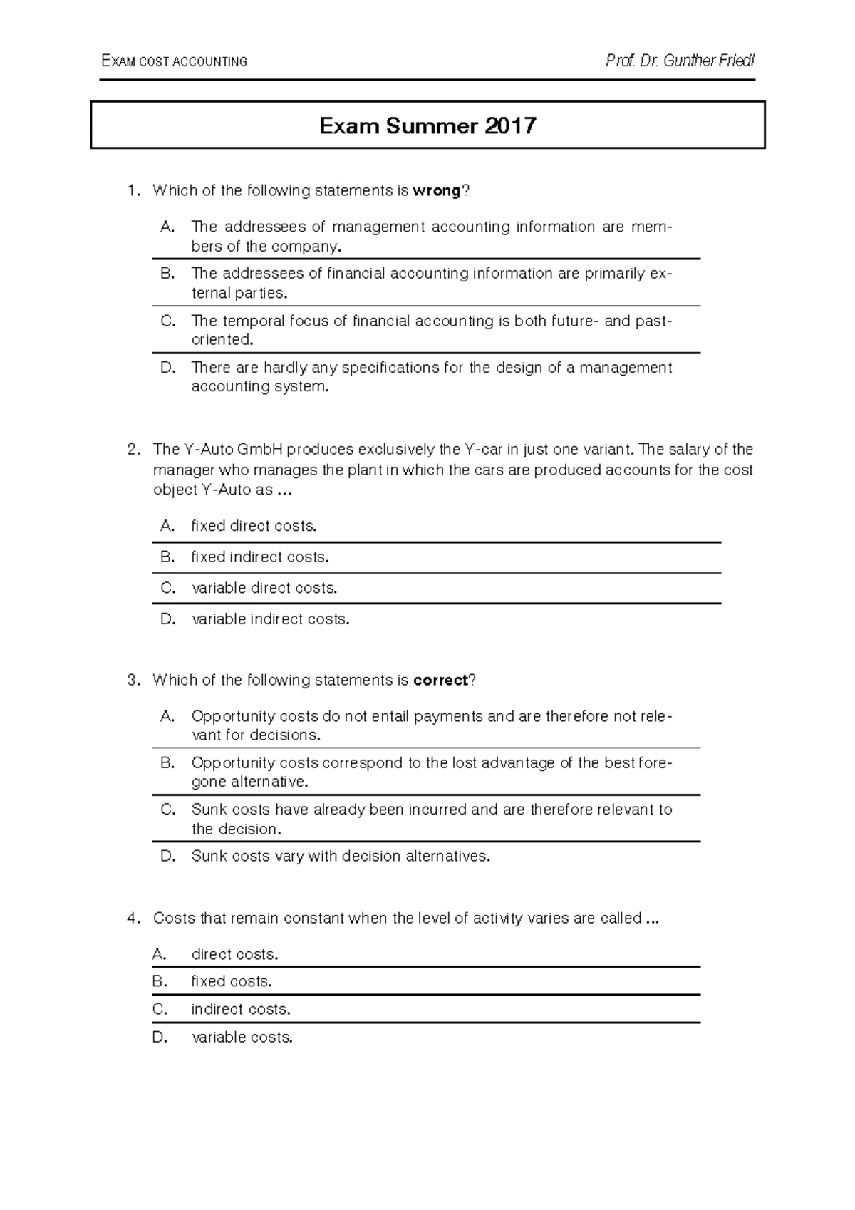 Cost Accounting Mock Exam SS 2024: Comprehensive Solutions - Studocu