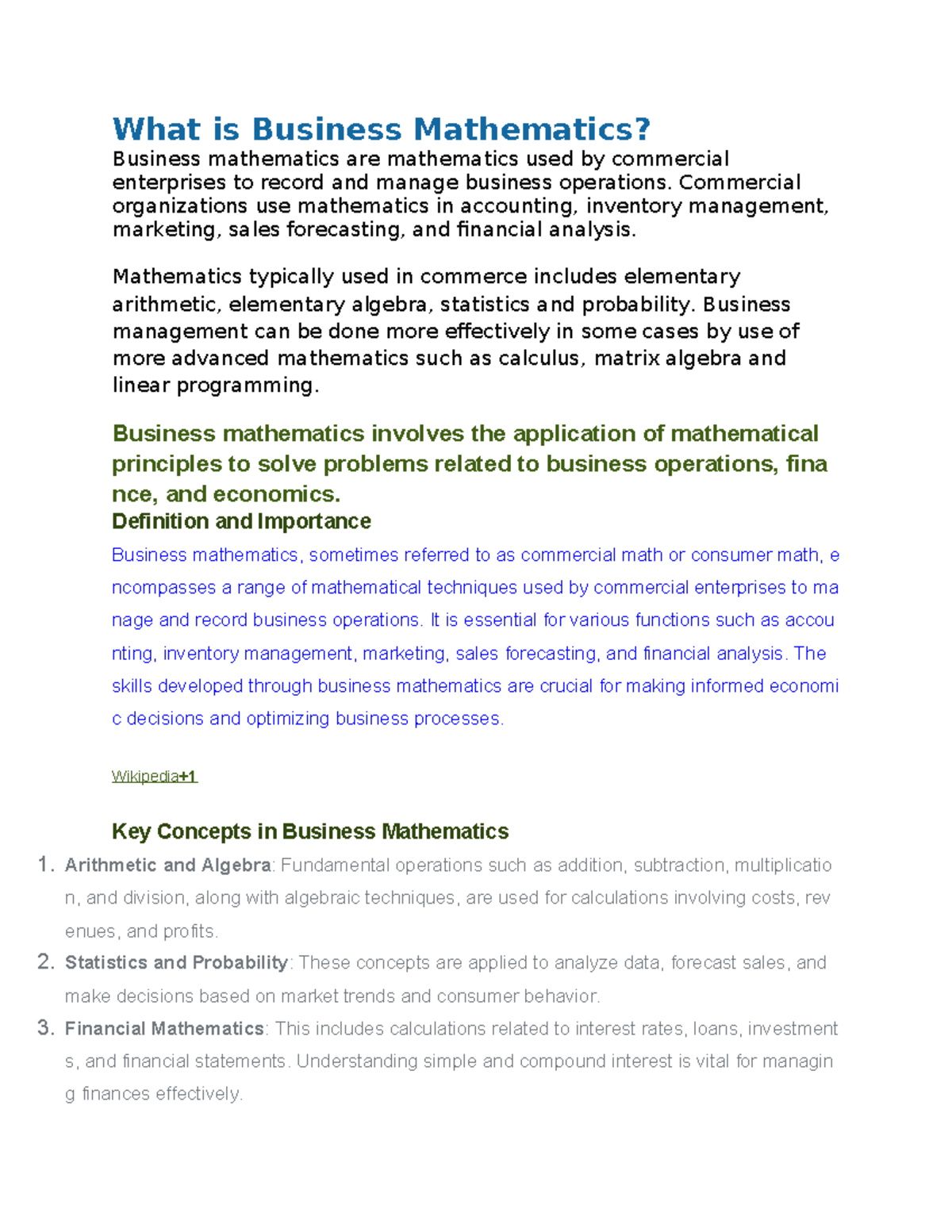 Business Mathematics Quiz: Key Concepts and Applications - Studocu