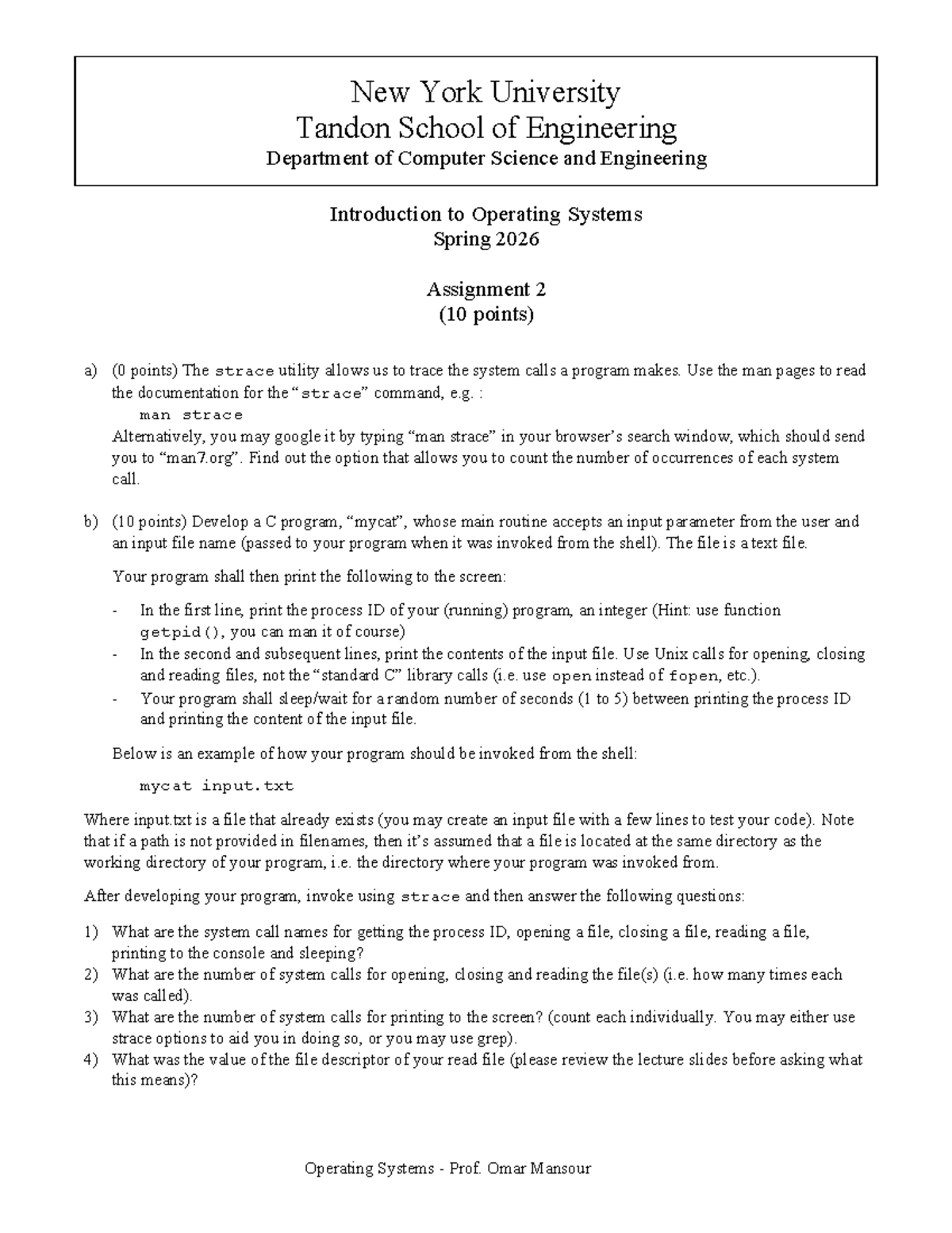 OS HW2 26S - Introduction to Operating Systems Assignment 2 - Studocu