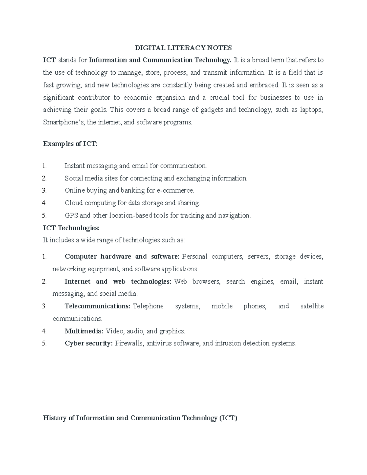 Digital Literacy Notes - DIGITAL LITERACY NOTES ICT stands for ...