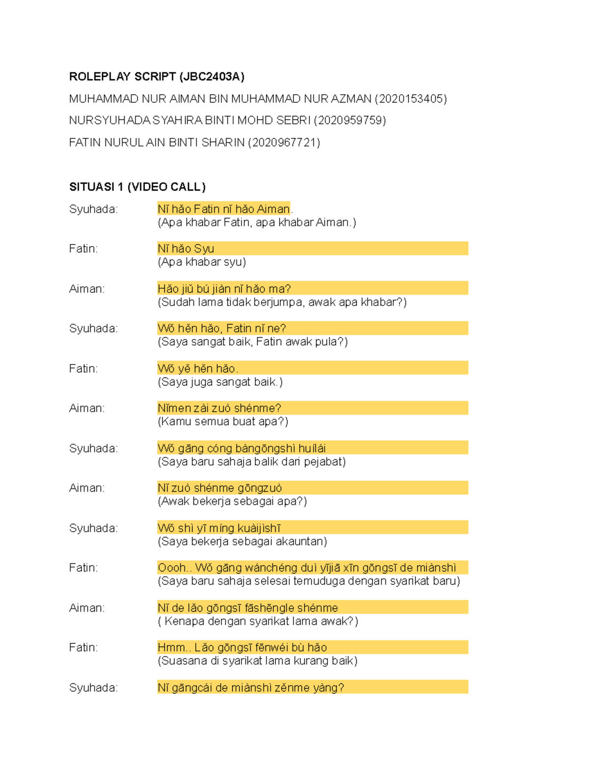 ROLEPLAY SCRIPT (JBC2403A) - SEMESTER 3 MANDARIN LEVEL 3 - Studocu