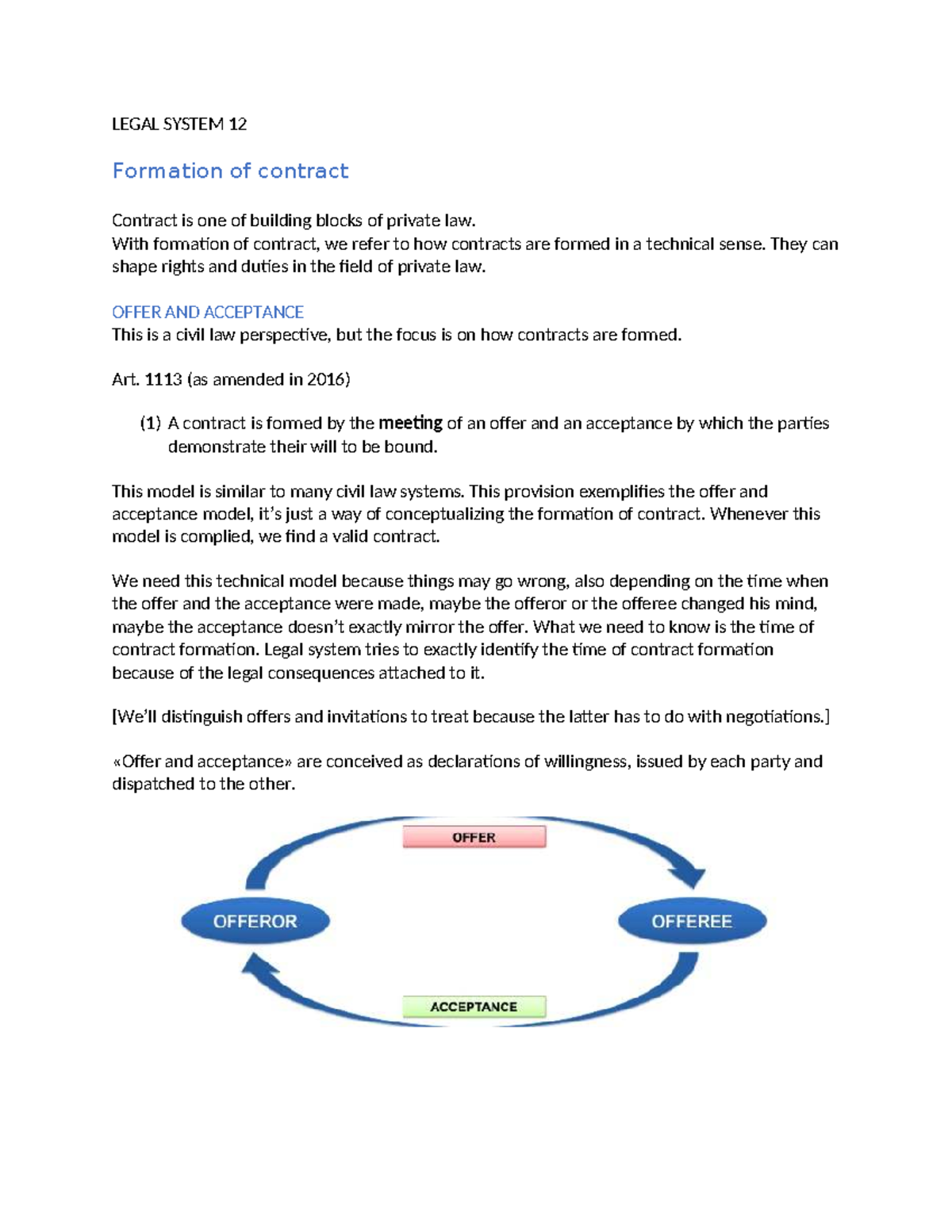 Legal System 12 - Lecture Notes on Contract Formation and Acceptance ...