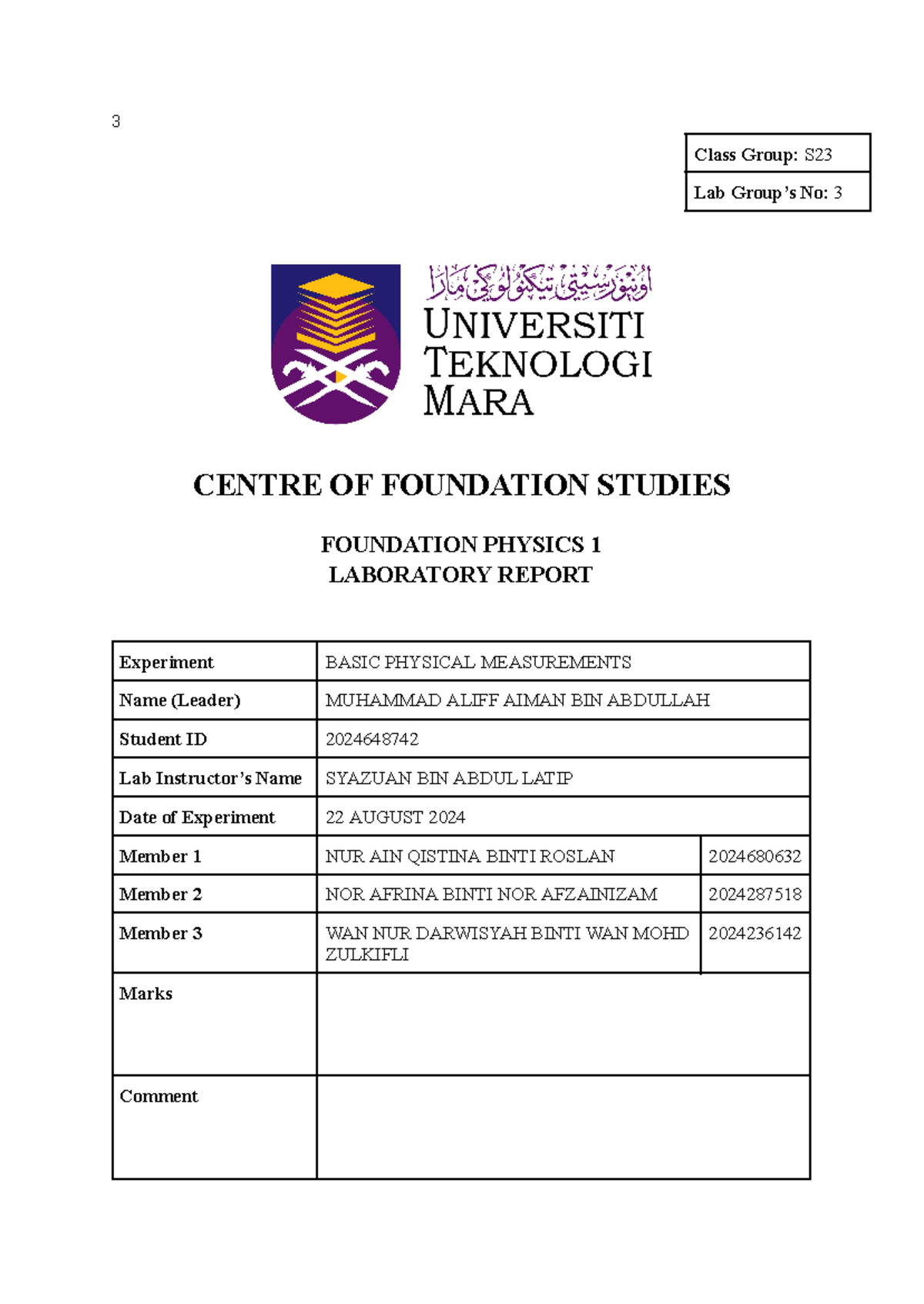 Foundational Physics 1 Lab Report: Experiment on Basic Measurements ...