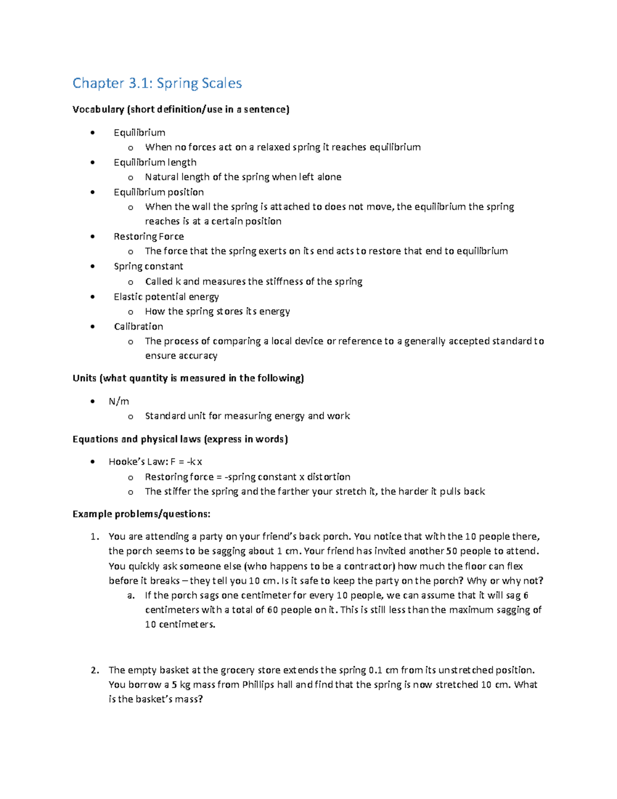Guided Reading Chapter 3 - Chapter 3: Spring Scales Vocabulary (short ...