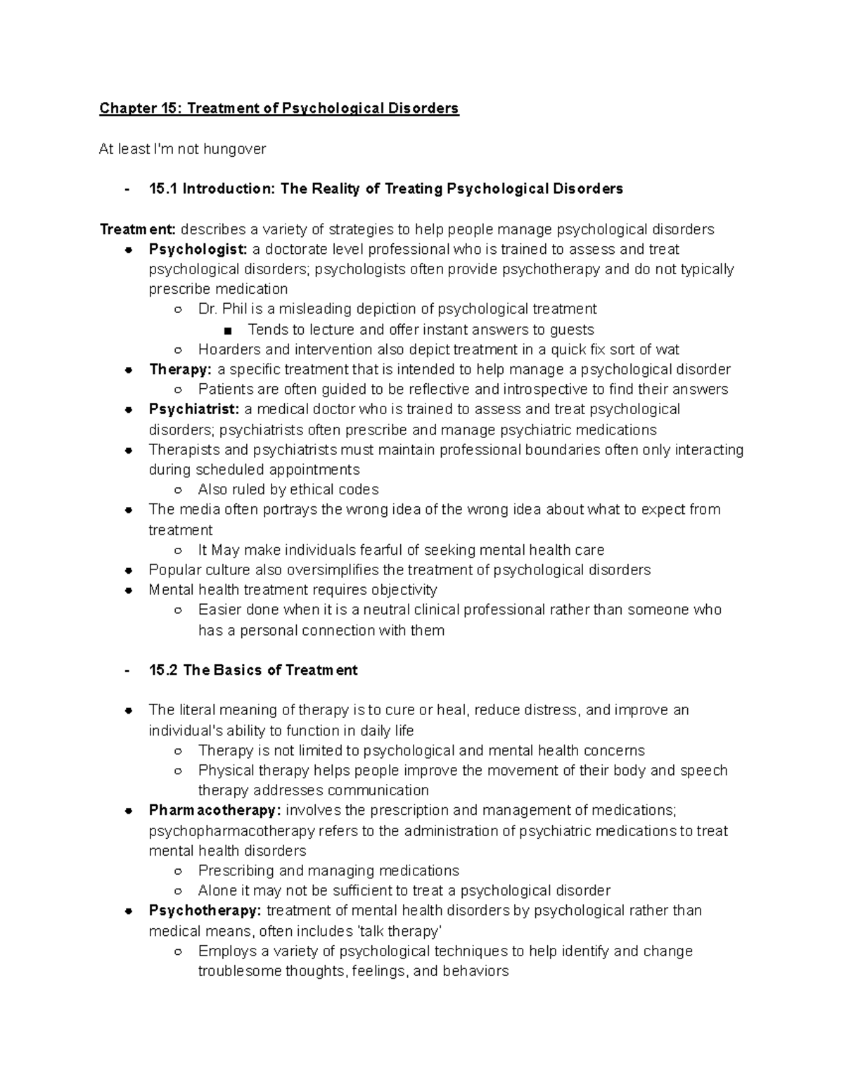 PSY 1502 - Chapter 15 Notes: Treatment of Psychological Disorders - Studocu