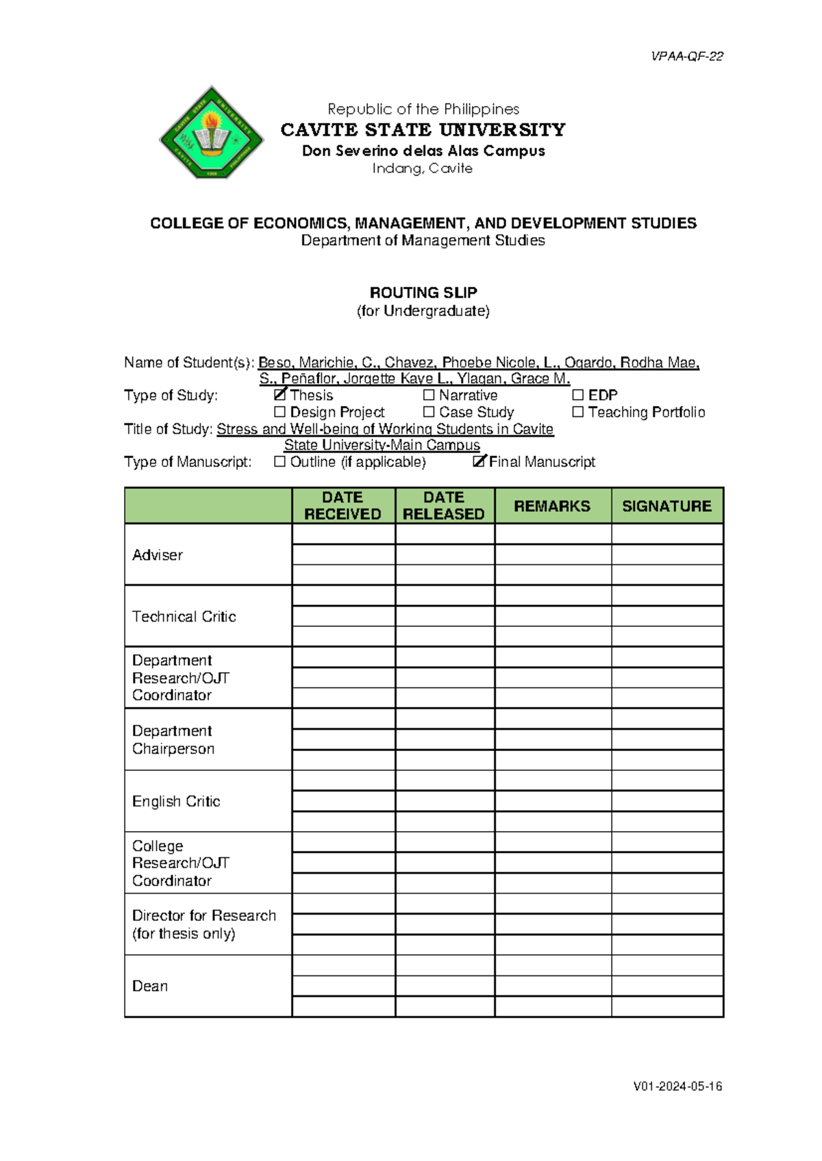 VPAA QF 22 Routing Slip for Undergrad Thesis Submissions - Studocu