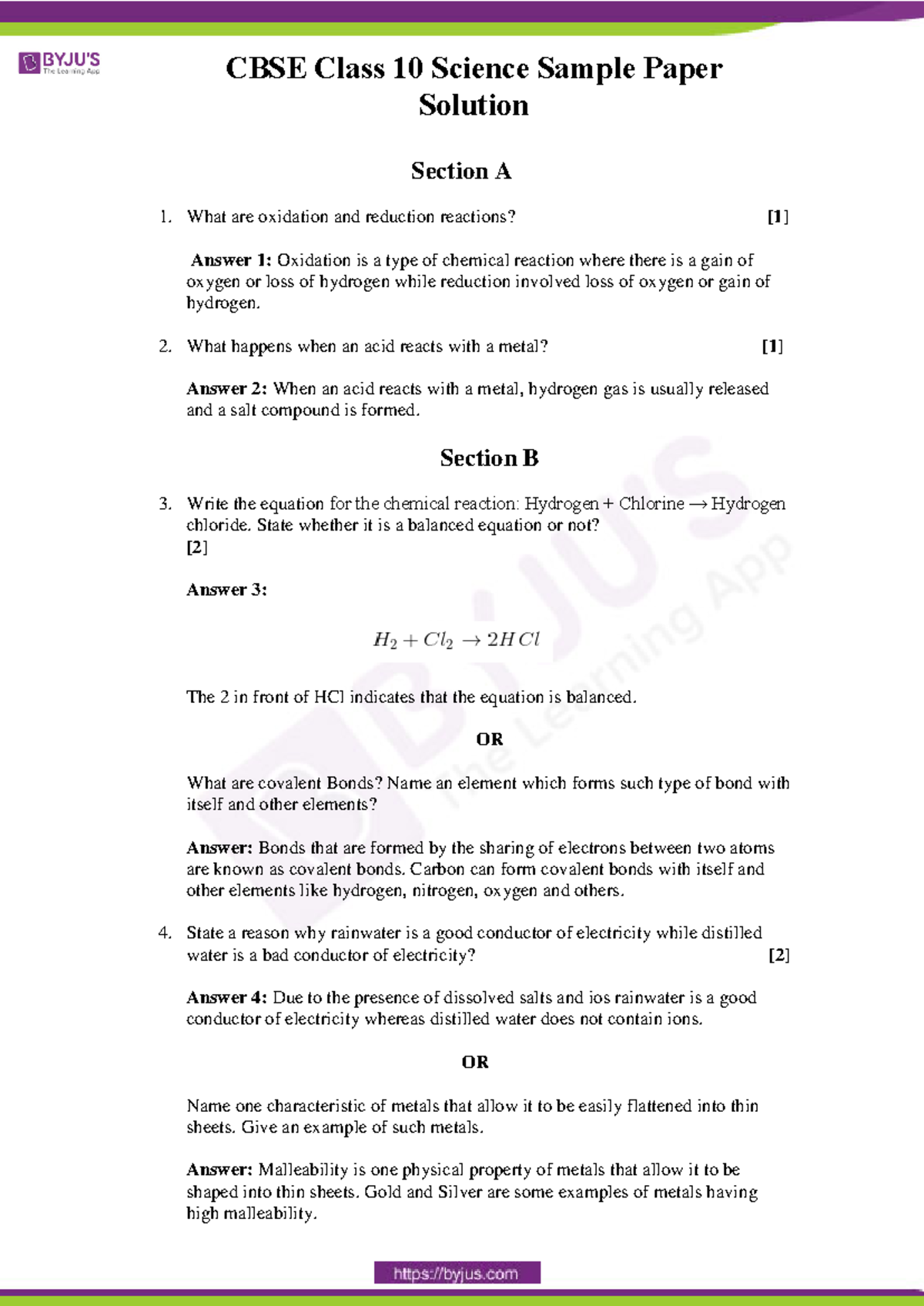 CBSE Class 10 Science Sample Paper Solution Set 4 - Section A What are ...