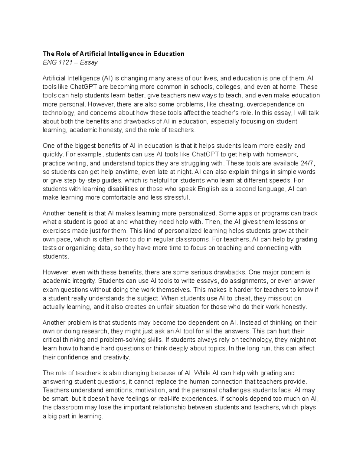 The Impact of AI on Education: Benefits & Drawbacks in ENG 1121 Essay ...