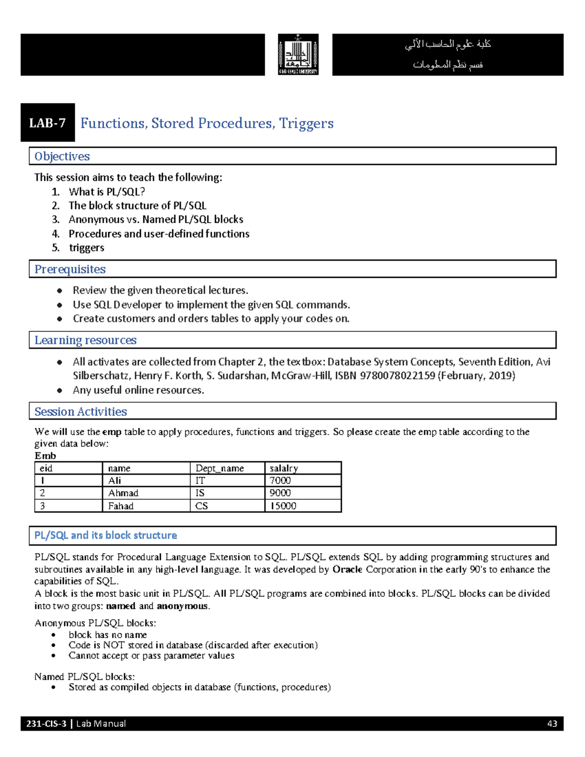 Lab-7: PL/SQL Functions, Procedures, and Triggers Overview - Studocu