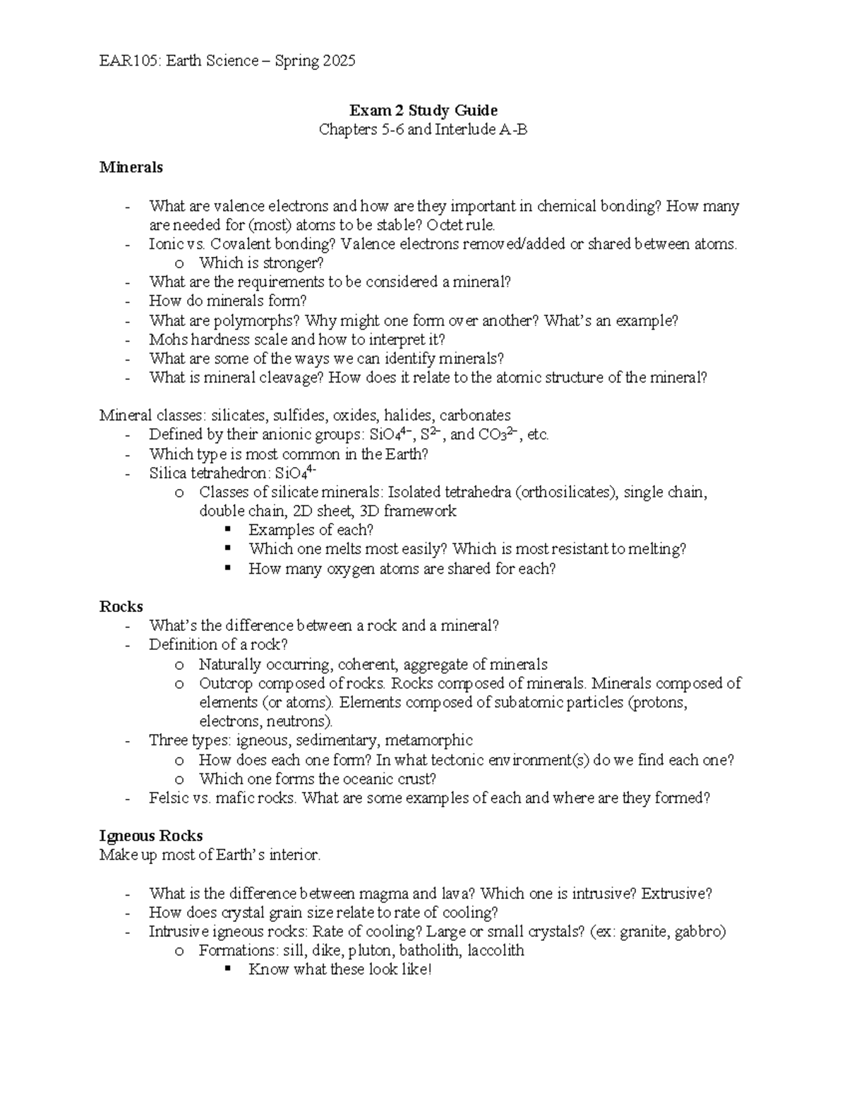 EAR105: Earth Science Spring 2025 Exam 2 Study Guide on Minerals and ...