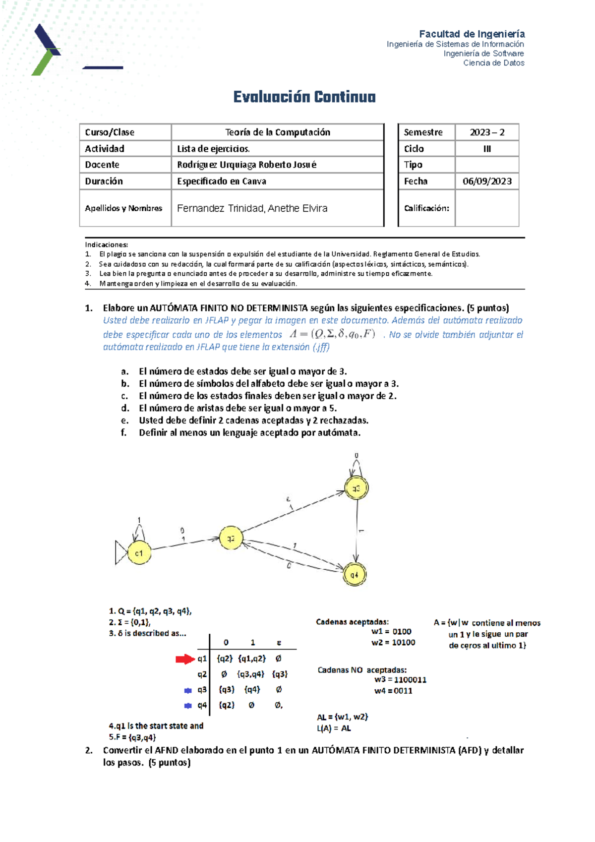 TC - Lista de Ejercicios - Automata Finito - Facultad de Ingeniería ...