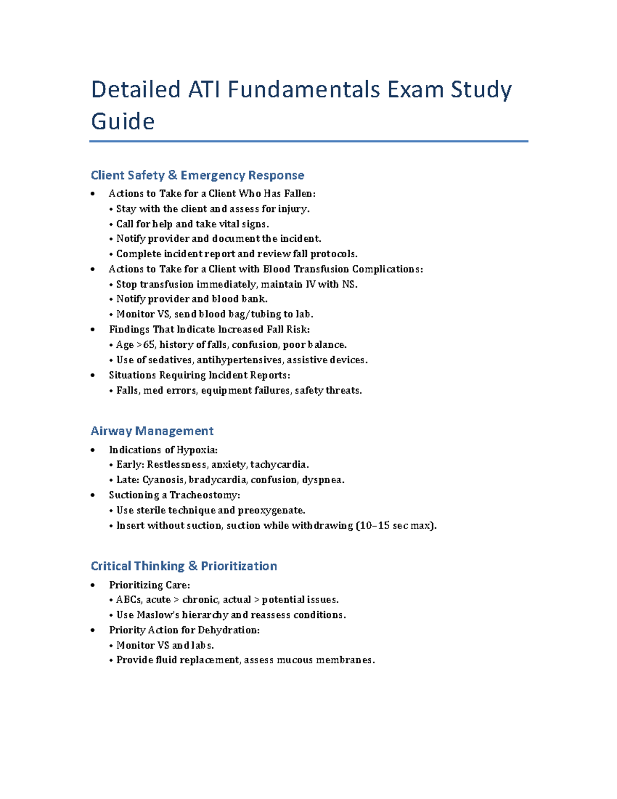 ATI Fundamentals Exam Study Guide: Client Safety & Emergency Response ...