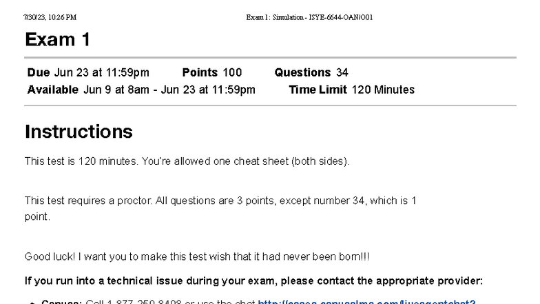 Exam 1 Simulation ISYE 6644 OAN O01 - Instructions & Questions - Studocu