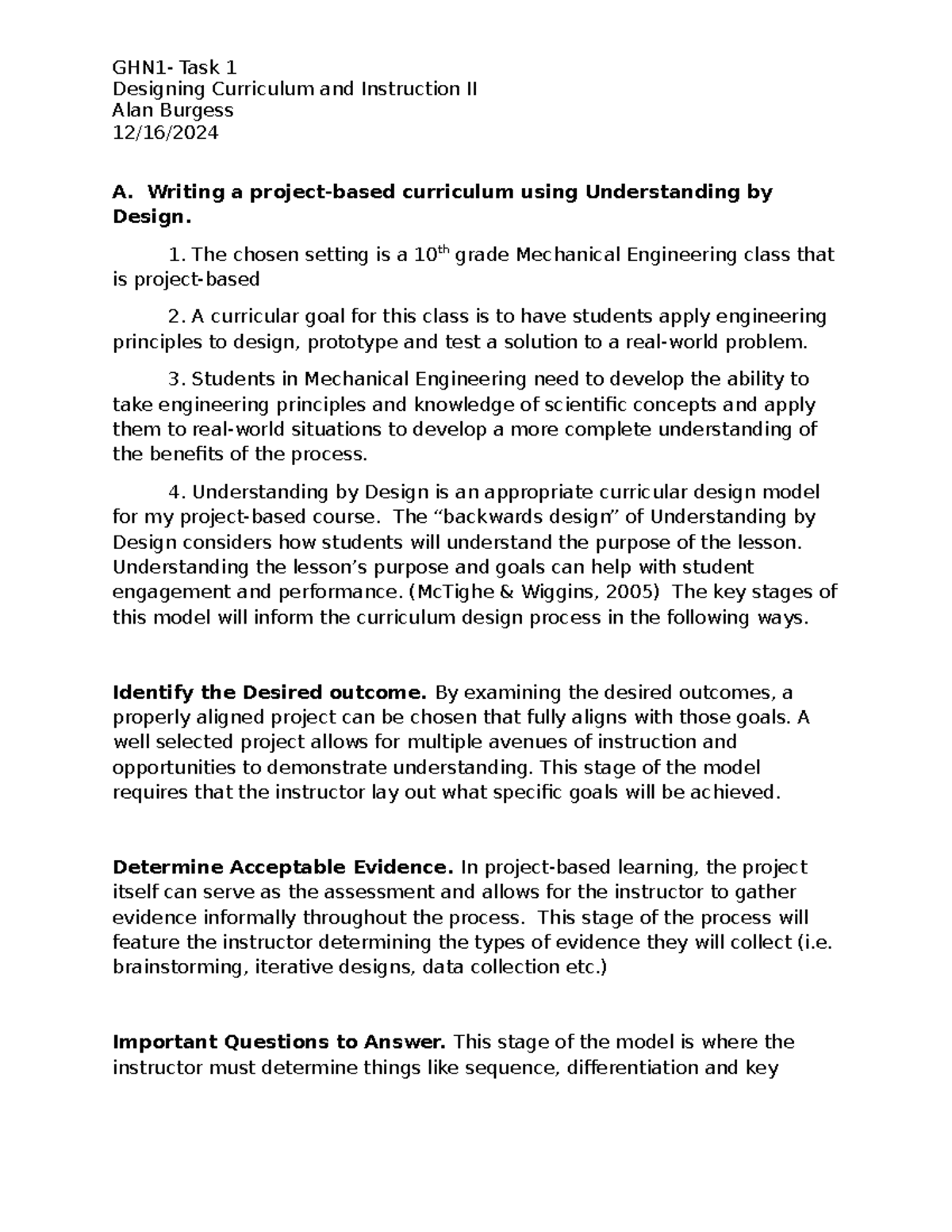 GHN-1 Task 1 - Designing Project-Based Curriculum in ME Class - Studocu