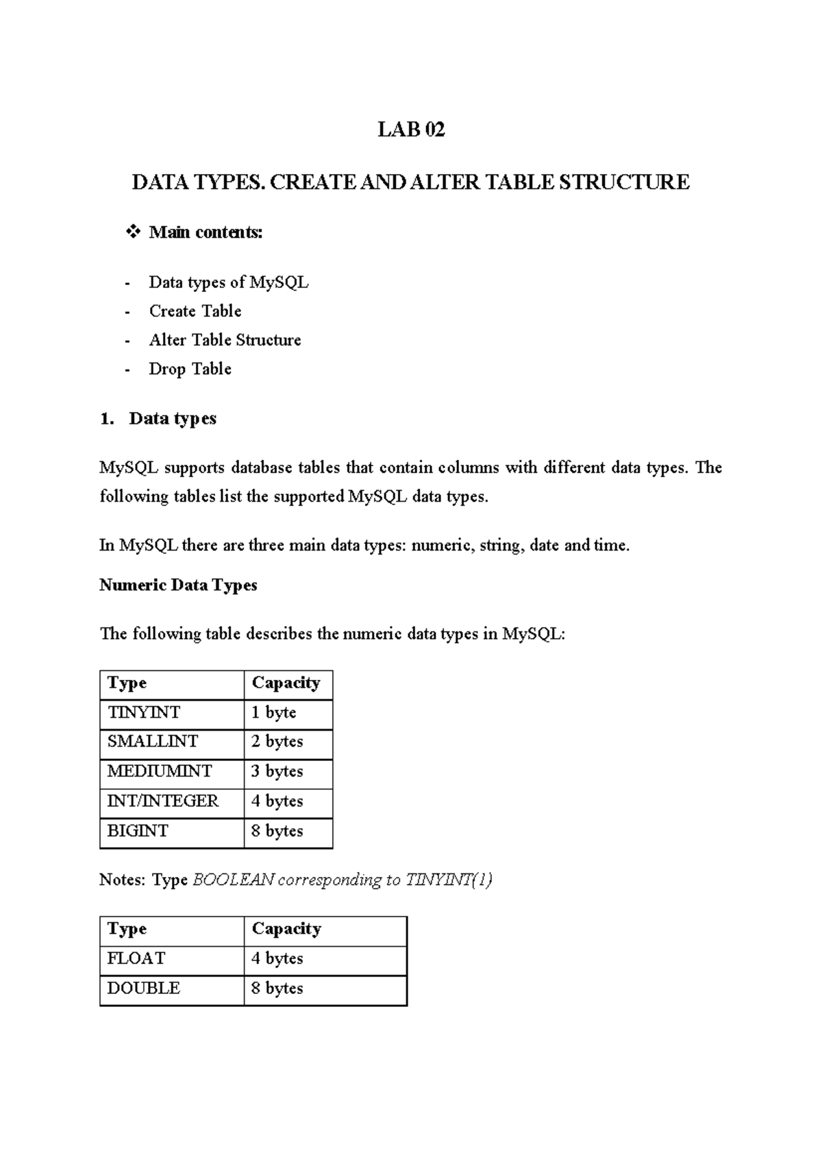 LAB02 MySQL Data Types, Table Creation & Alteration Guide - Studocu